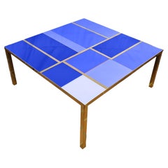 Square Coffee Table with Blue Mirrored Murano Glass & Brass Trim, Made in Italy