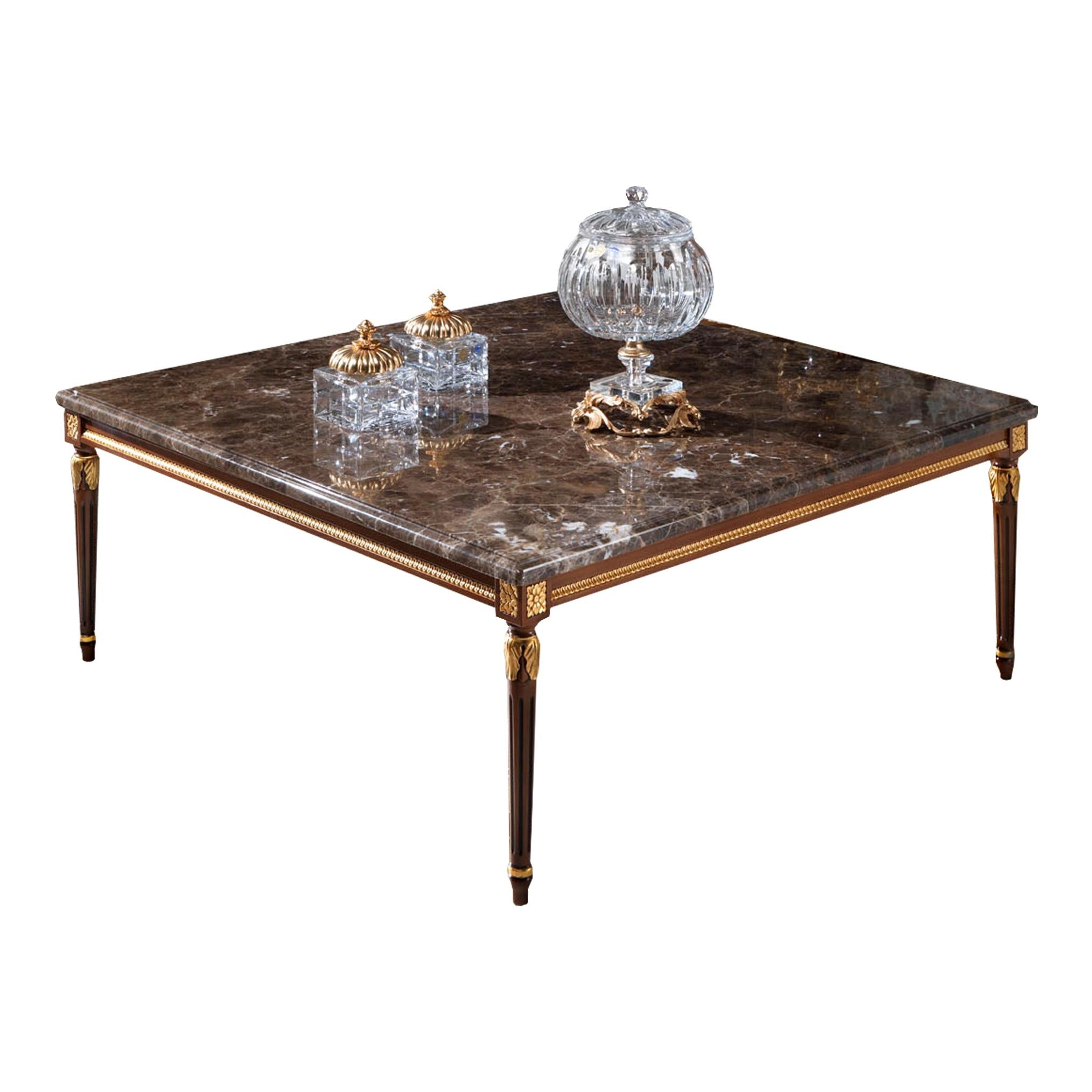 Enjoy the real Made in Italy luxury life style with this hand-decorated square coffee table. Emperador Dark marble top, solid empire-style wooden structure hand decorated in walnut finish and gold leaf details. And ask yourself: what else would I