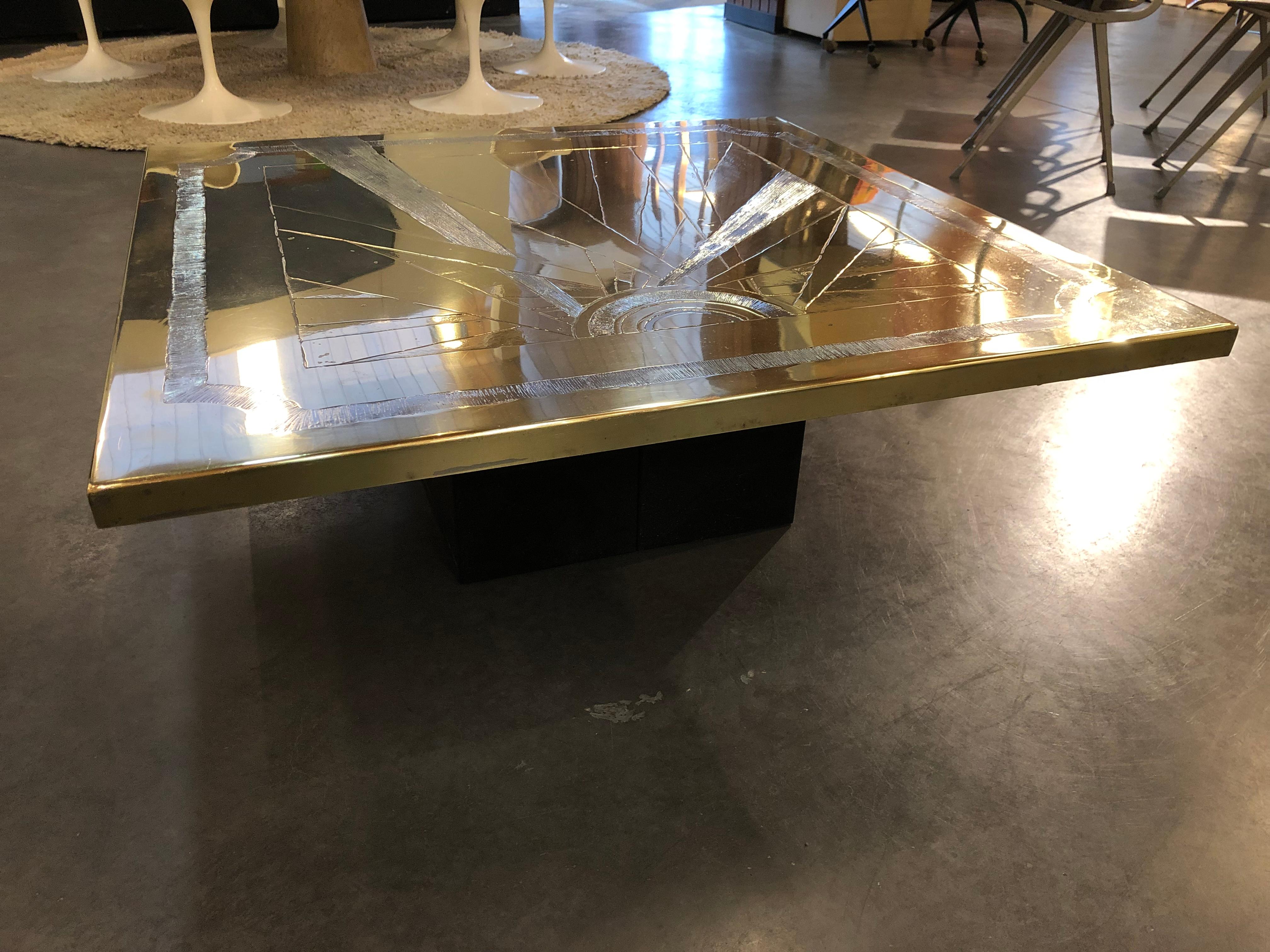 Square Coffee Table with Engraved Brass and Aluminum from the Seventies 5