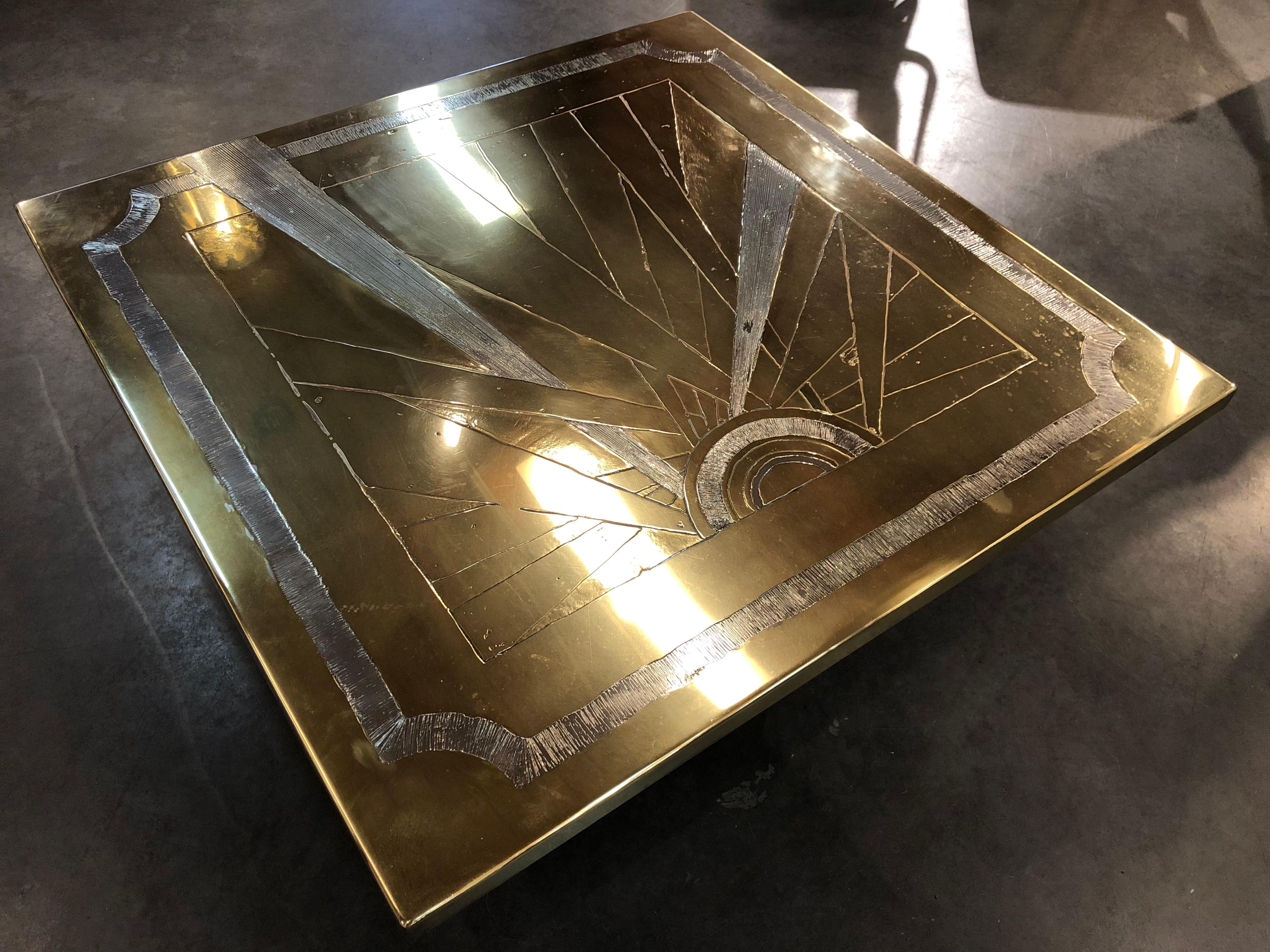 Hollywood Regency Square Coffee Table with Engraved Brass and Aluminum from the Seventies