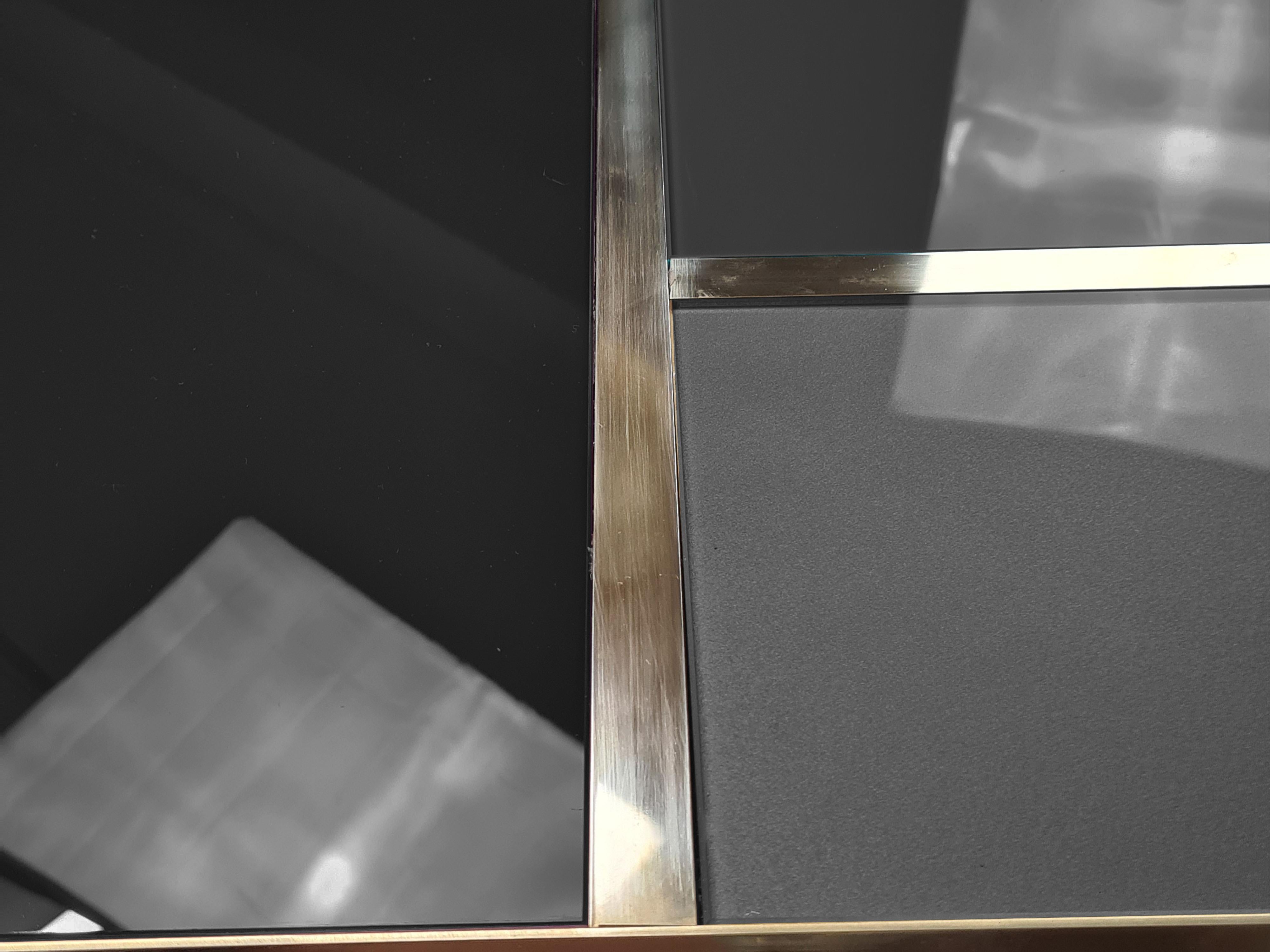 Italian Square Coffee Table with Gray and Black Murano Glass, Brass Frame, Made in Italy in vendita
