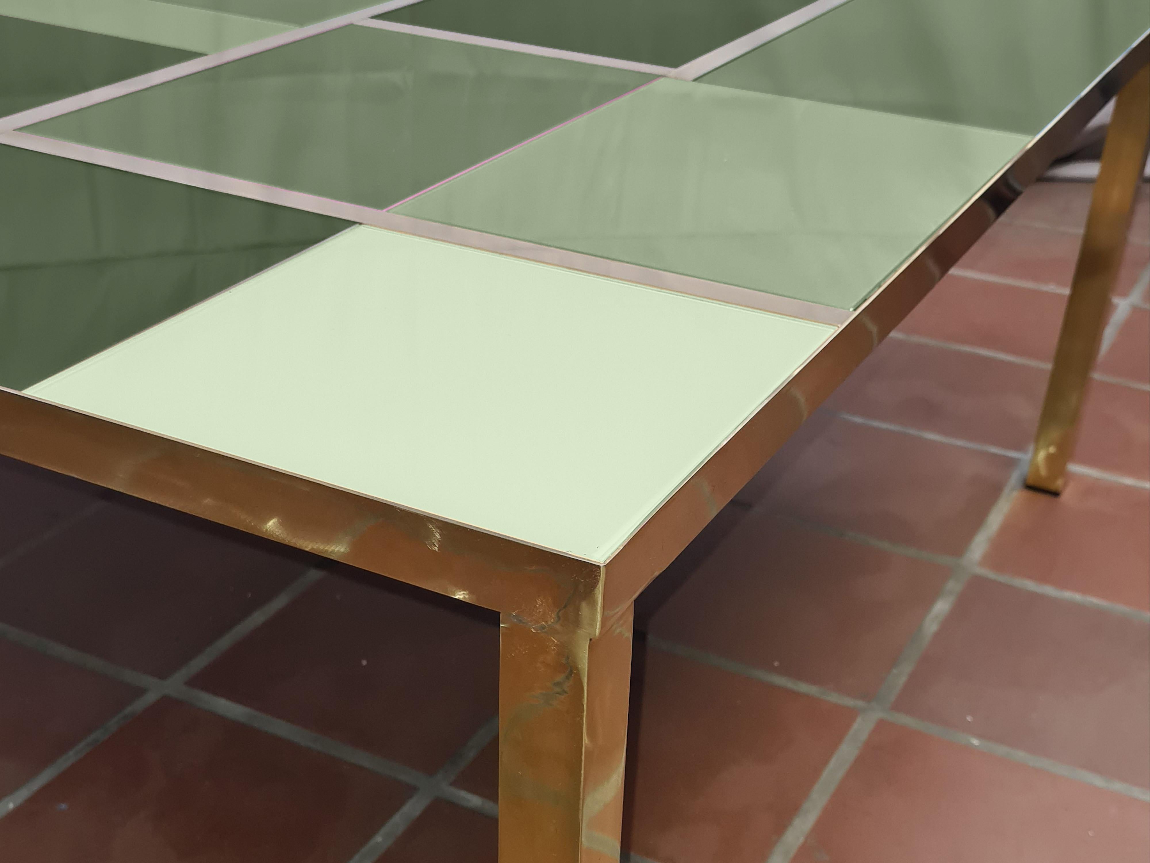 Italian Square Coffee Table with Green Murano Glass and Brass Bands, Available in vendita