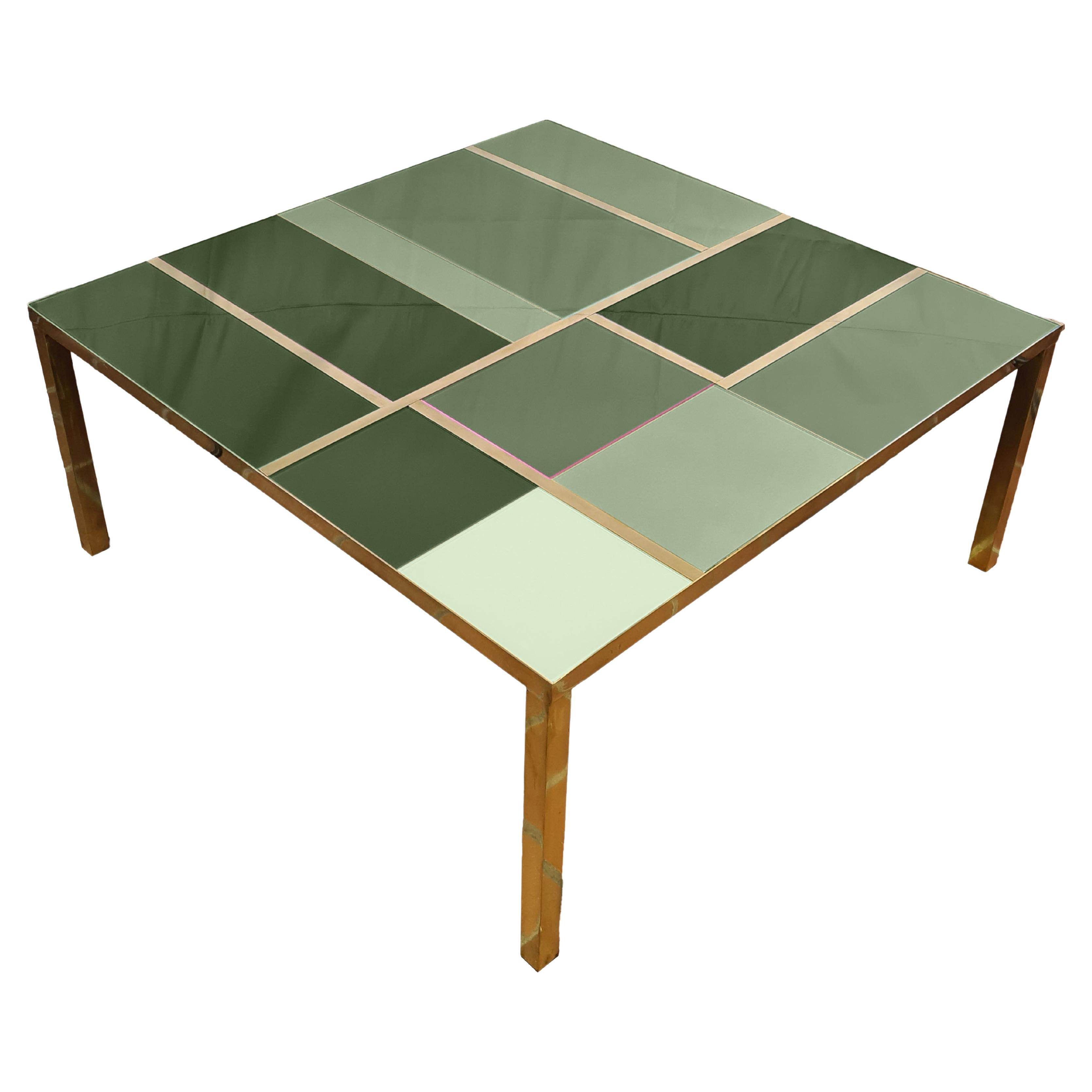 Table basse carrée en verre de Murano vert et bandes de laiton, disponible