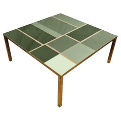 Square Coffee Table with Green Murano Glass and Brass Bands, Available