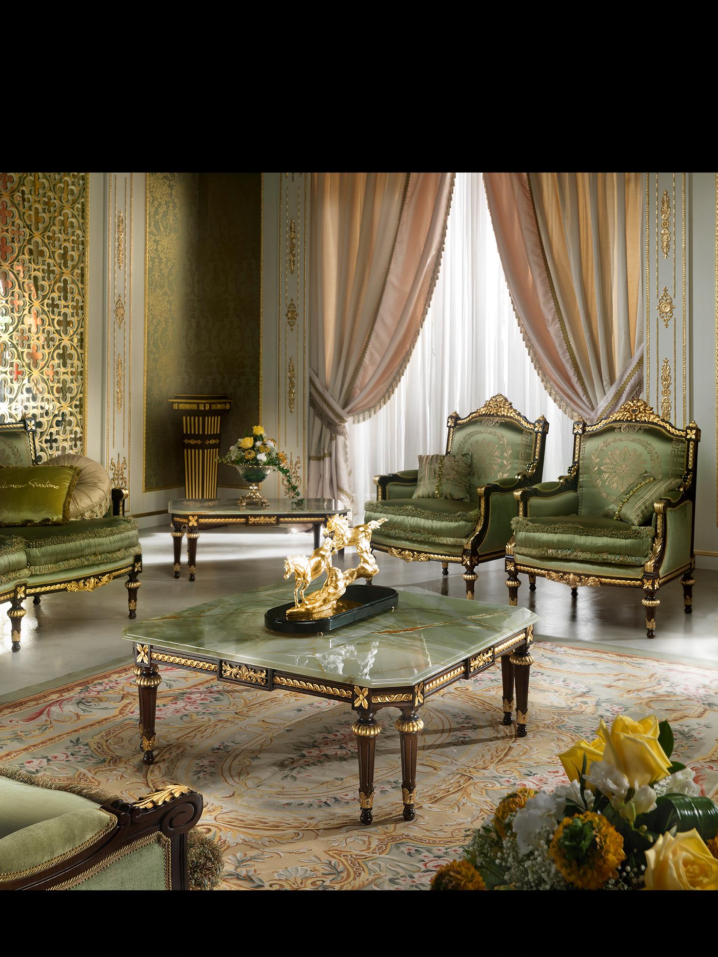 A decorative complementary item that will make the difference, this square coffee table is not for everyone. Afghan Green Onyx top, eight empire-style legs and walnut finish with gold leaf applications all over the carvings. So many secret details