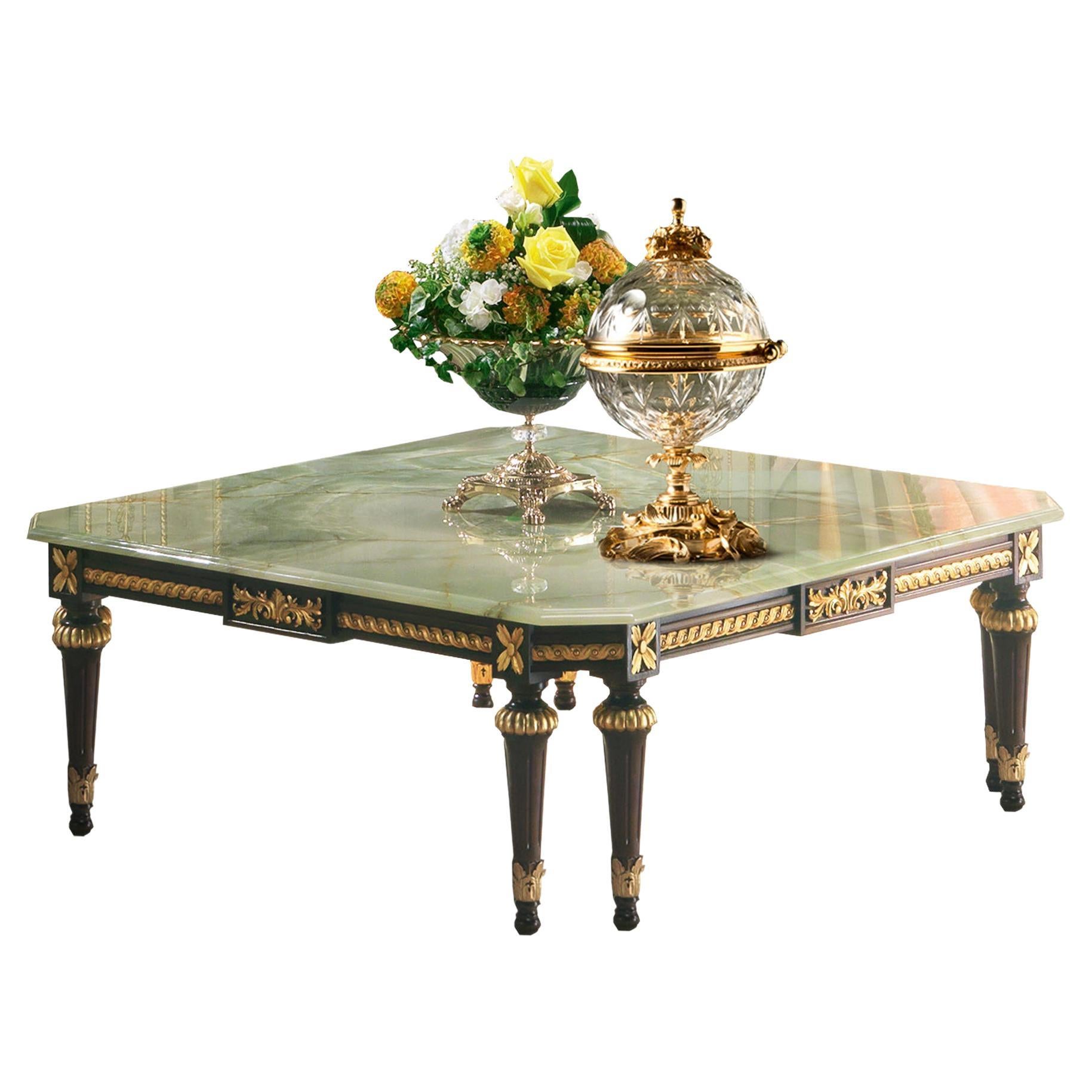 Square Coffee Table with Green Onyx Top and Walnut Finish by Modenese Luxury
