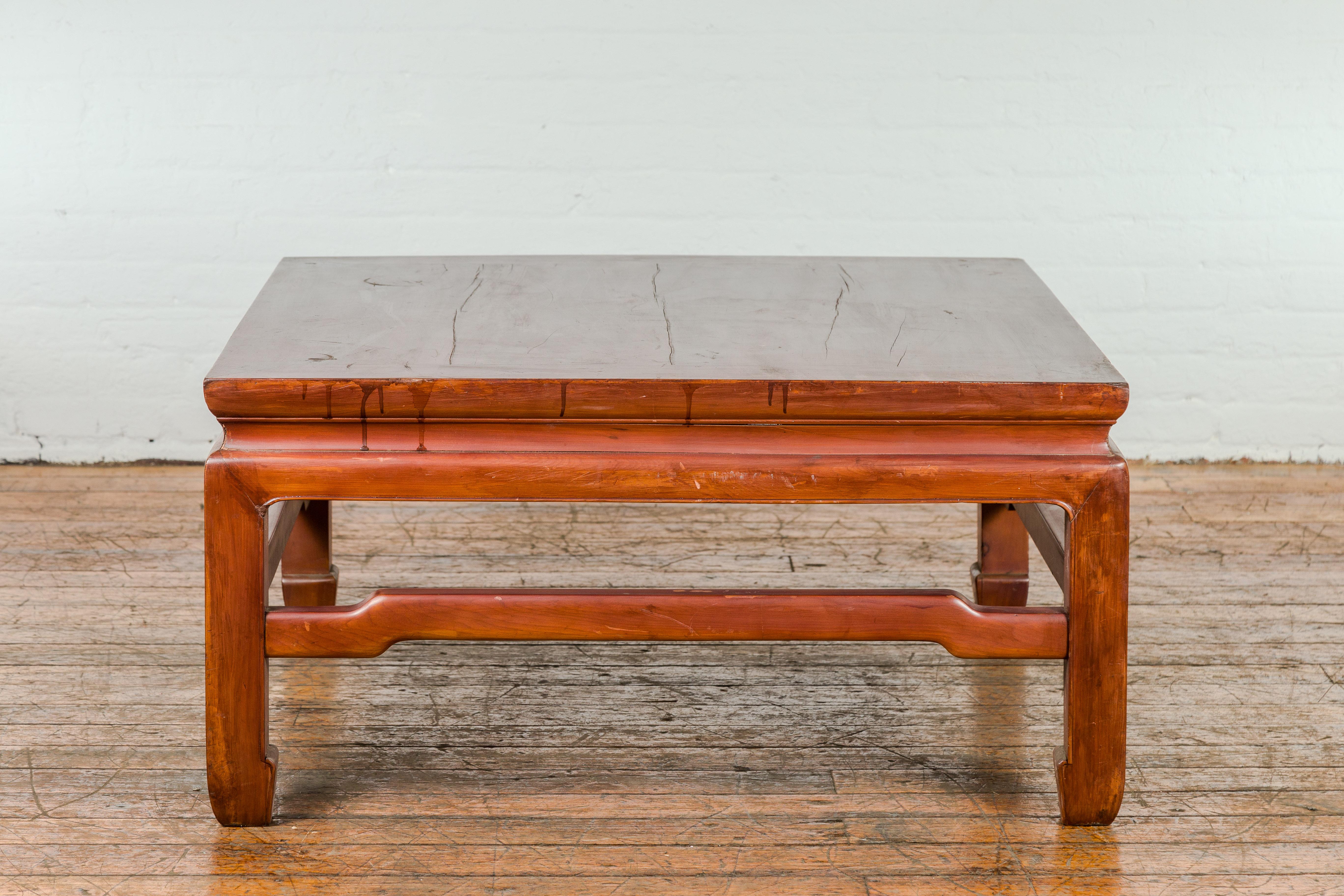 Carved Square Coffee Table with Humpback Stretcher and Horse Hoof Legs For Sale