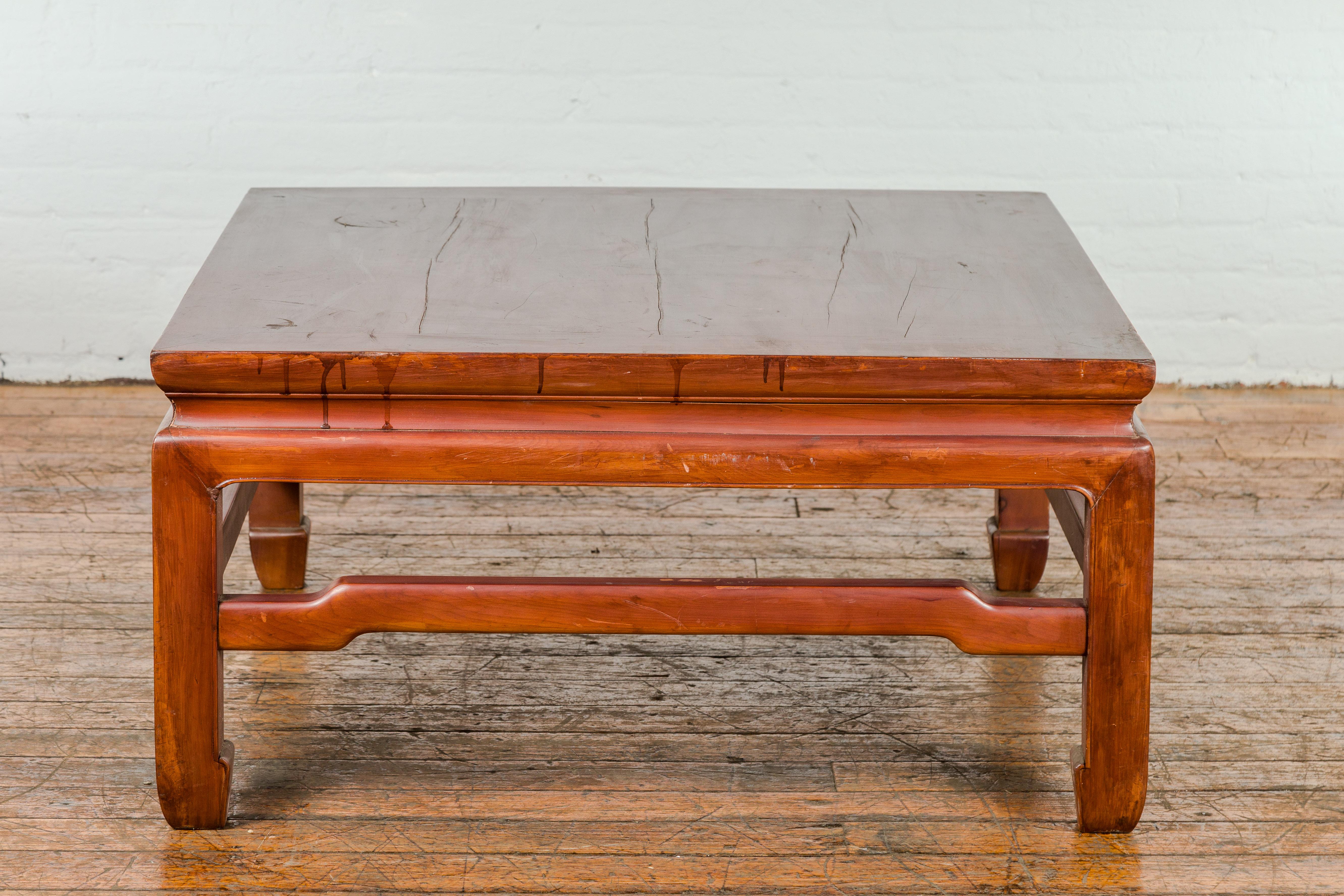 Square Coffee Table with Humpback Stretcher and Horse Hoof Legs In Good Condition For Sale In Yonkers, NY