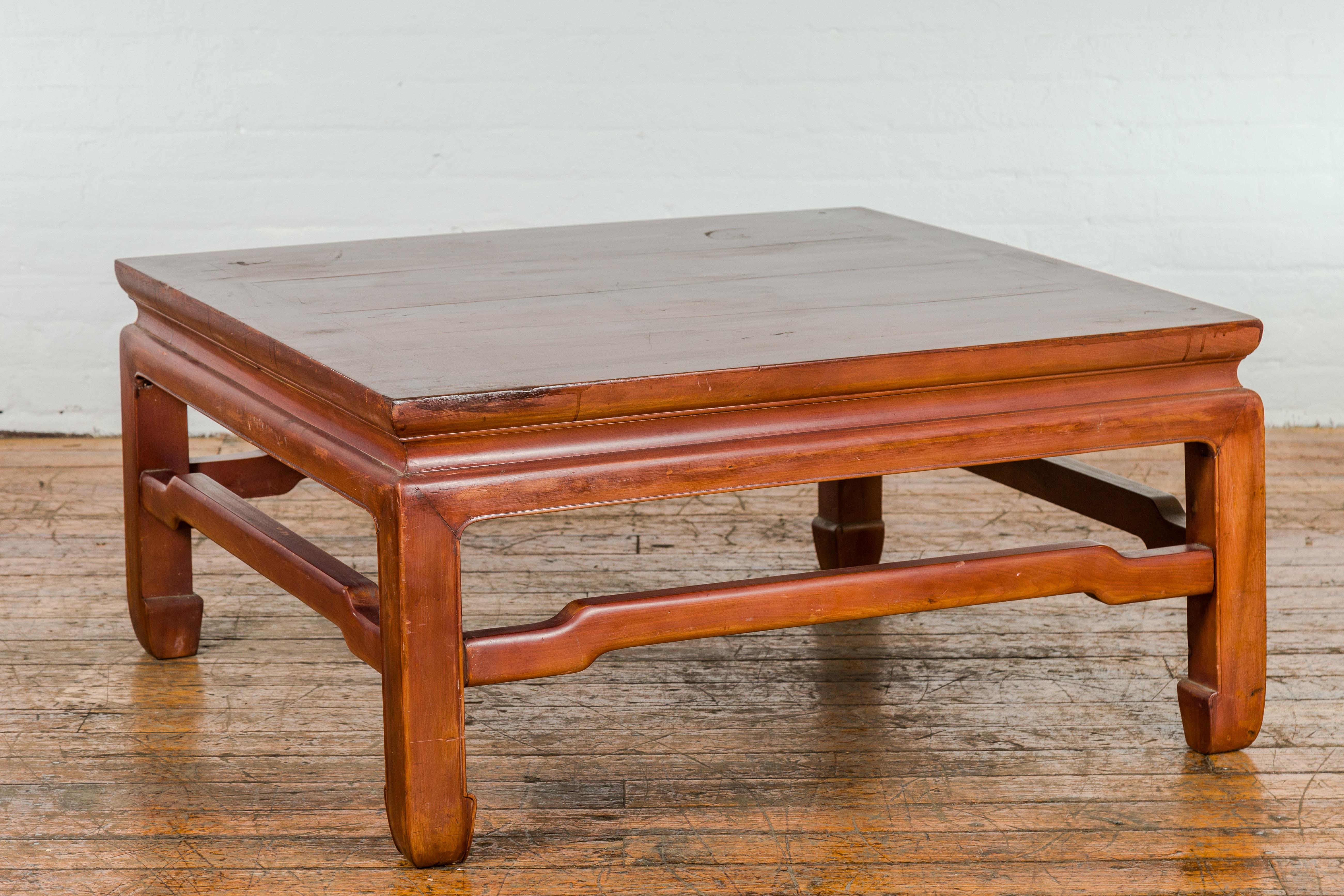 20th Century Square Coffee Table with Humpback Stretcher and Horse Hoof Legs For Sale