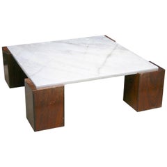 Square Coffee Table with Rosewood Legs and Marble Top, 1950s