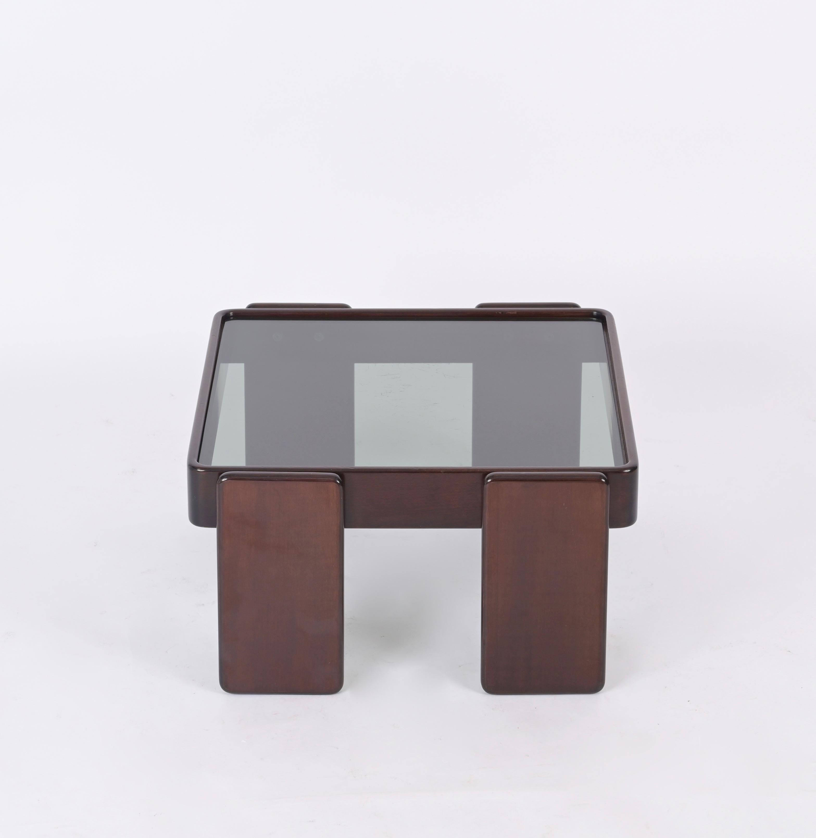 Square Coffee Table with Smoked Glass by Frattini for Cassina, Italy, 1970s In Good Condition For Sale In Roma, IT