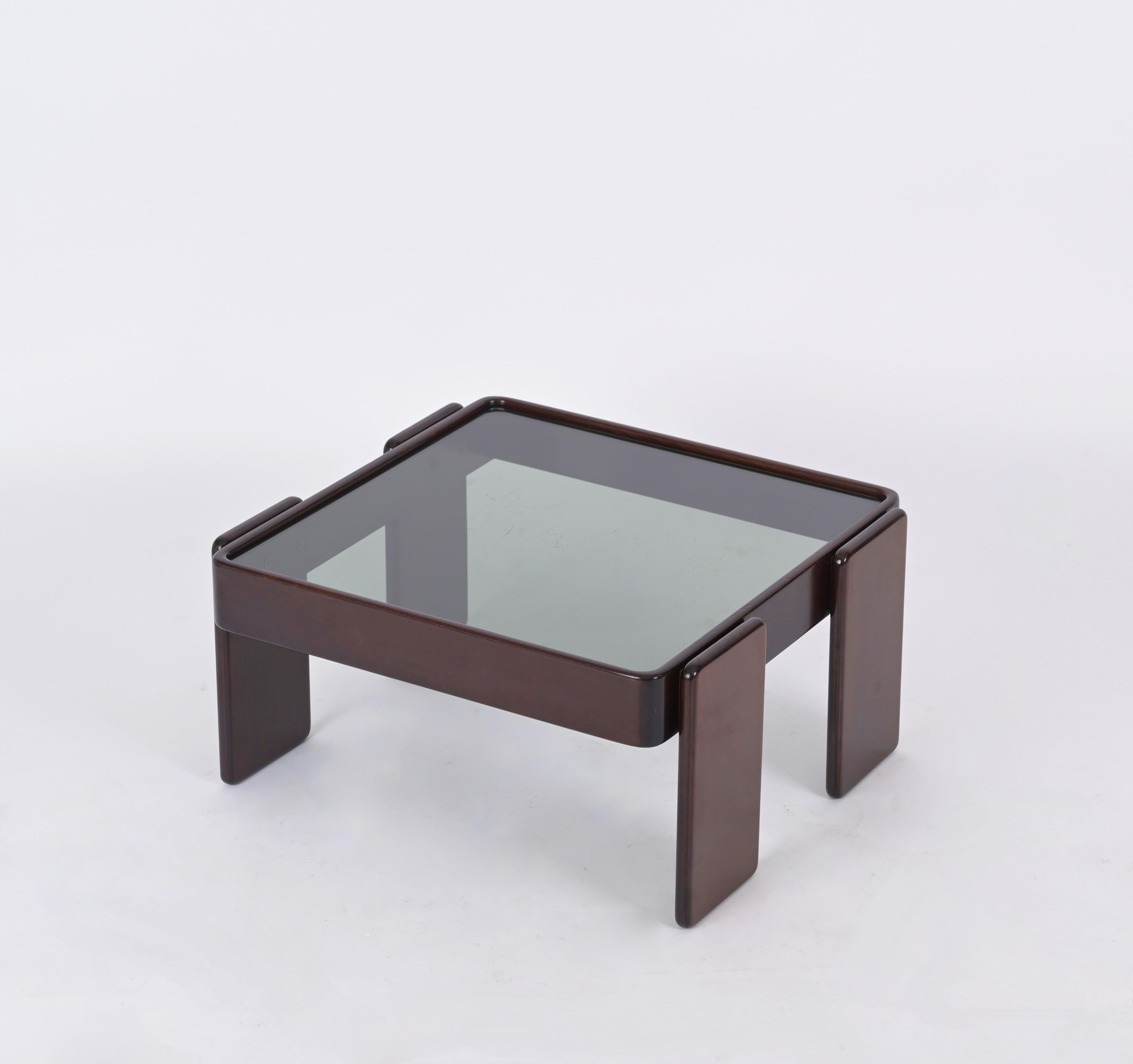 Late 20th Century Square Coffee Table with Smoked Glass by Frattini for Cassina, Italy, 1970s For Sale