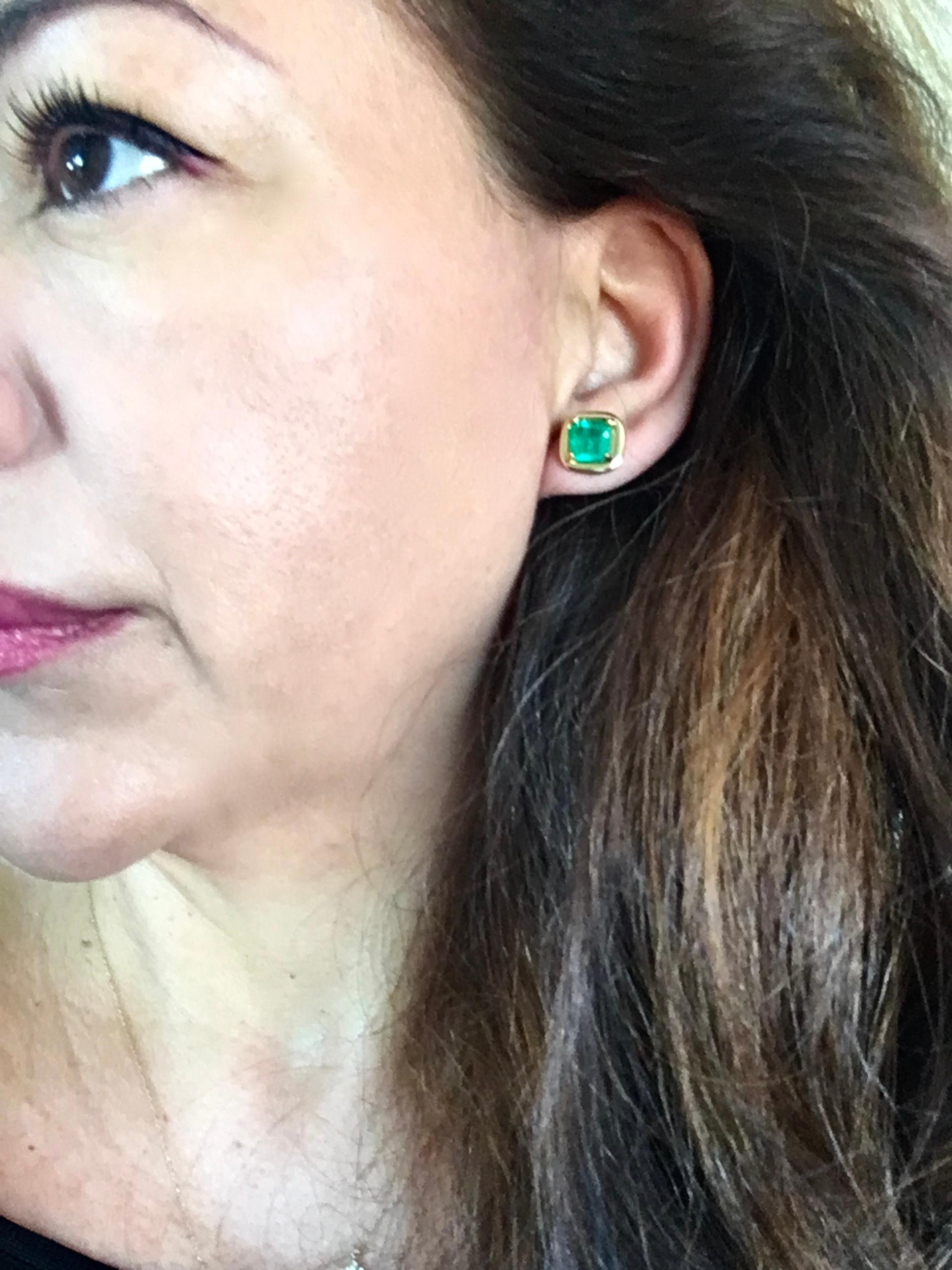 Emerald Cut Square Colombian Emerald Earrings 18 Karat