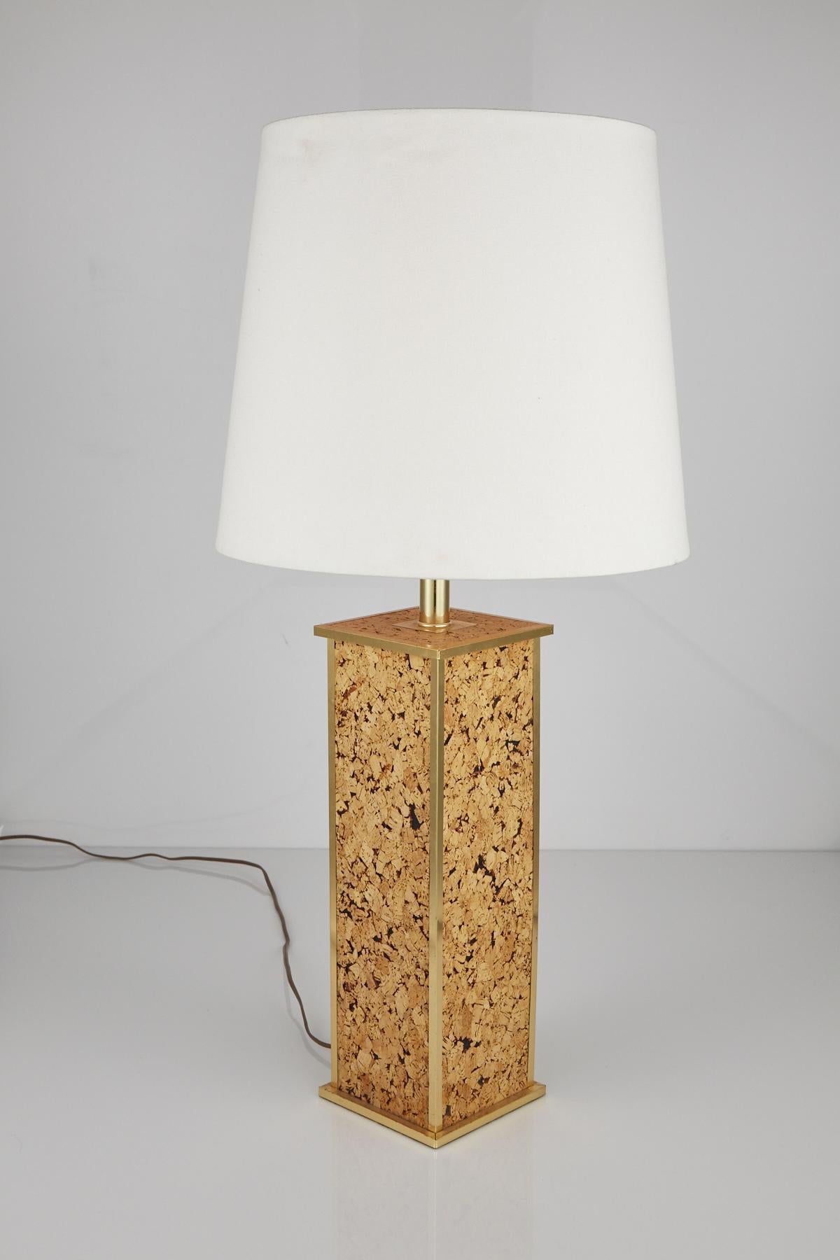 American Square Column Table Lamp in Cork and Brass, 1970s For Sale