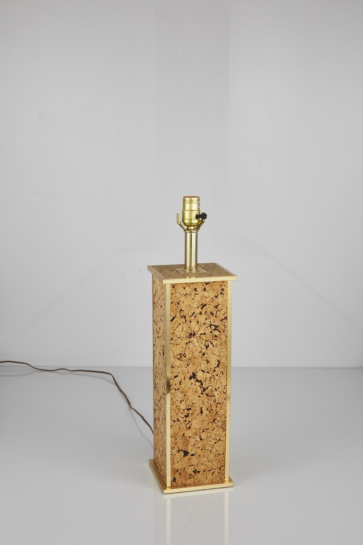 Late 20th Century Square Column Table Lamp in Cork and Brass, 1970s For Sale