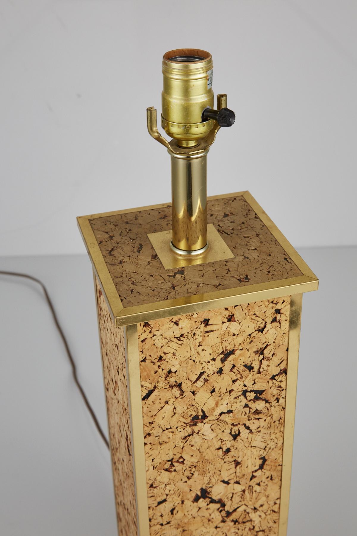 Square Column Table Lamp in Cork and Brass, 1970s For Sale 1