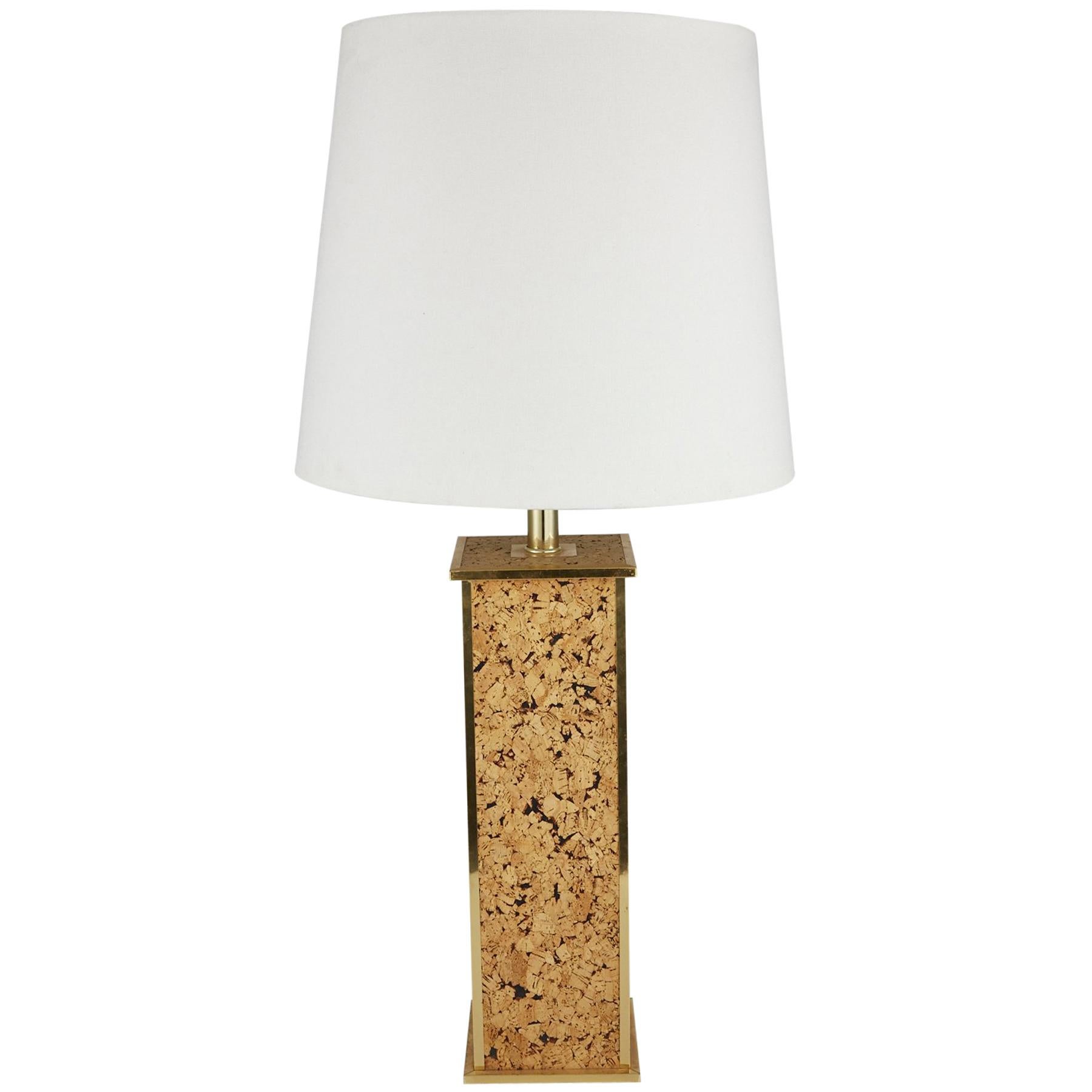 Square Column Table Lamp in Cork and Brass, 1970s For Sale