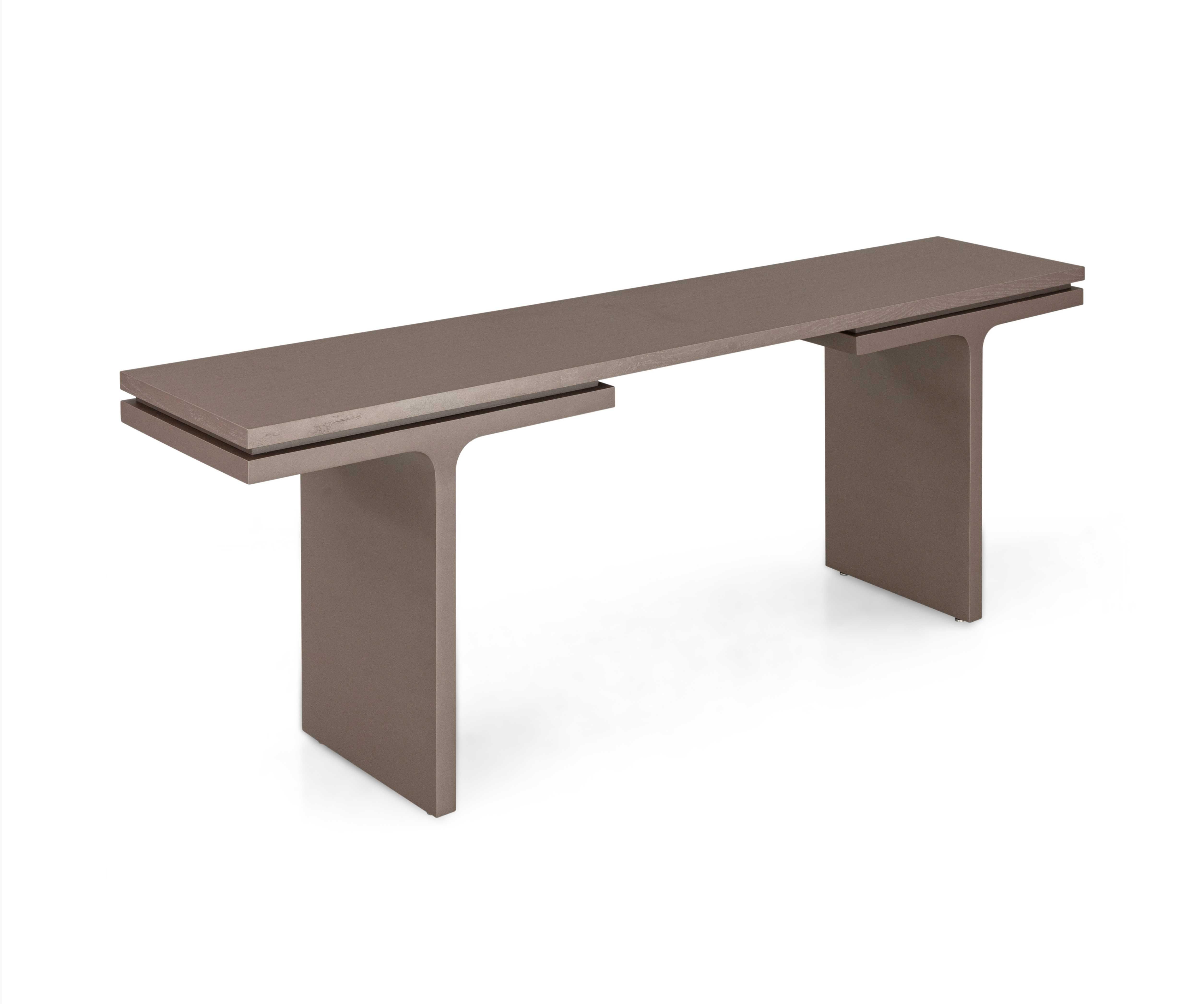 A Square console table designed by Sérgio Batista for Uultis with chocolate finish and 78-Inch top. Redefine your living space with the Square console table, a harmonious blend of sleek design and practical functionality. Featuring a 78-inch top