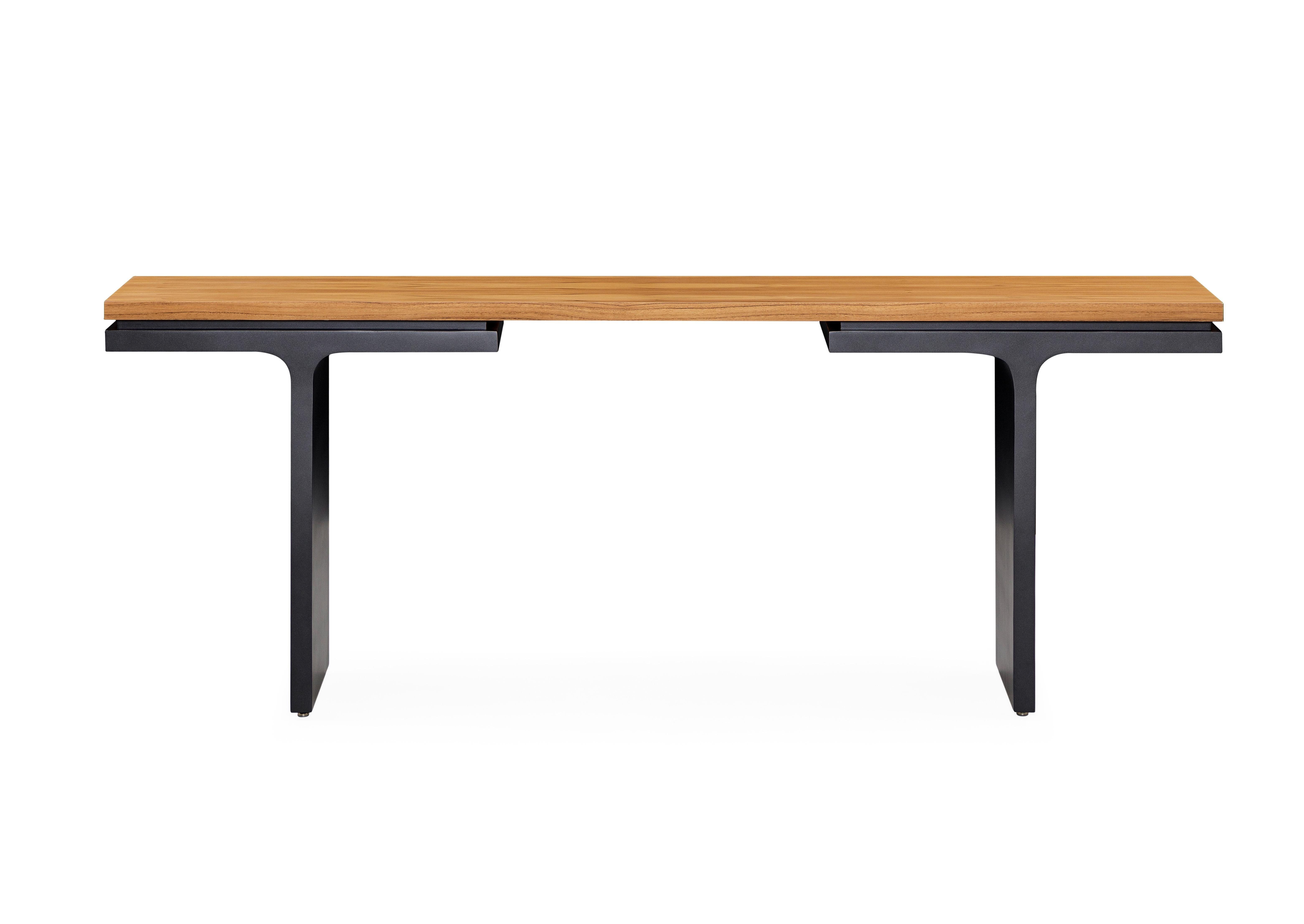 Brazilian Square Console Table in Teak Wood Finish and Black Graphite 78'' For Sale