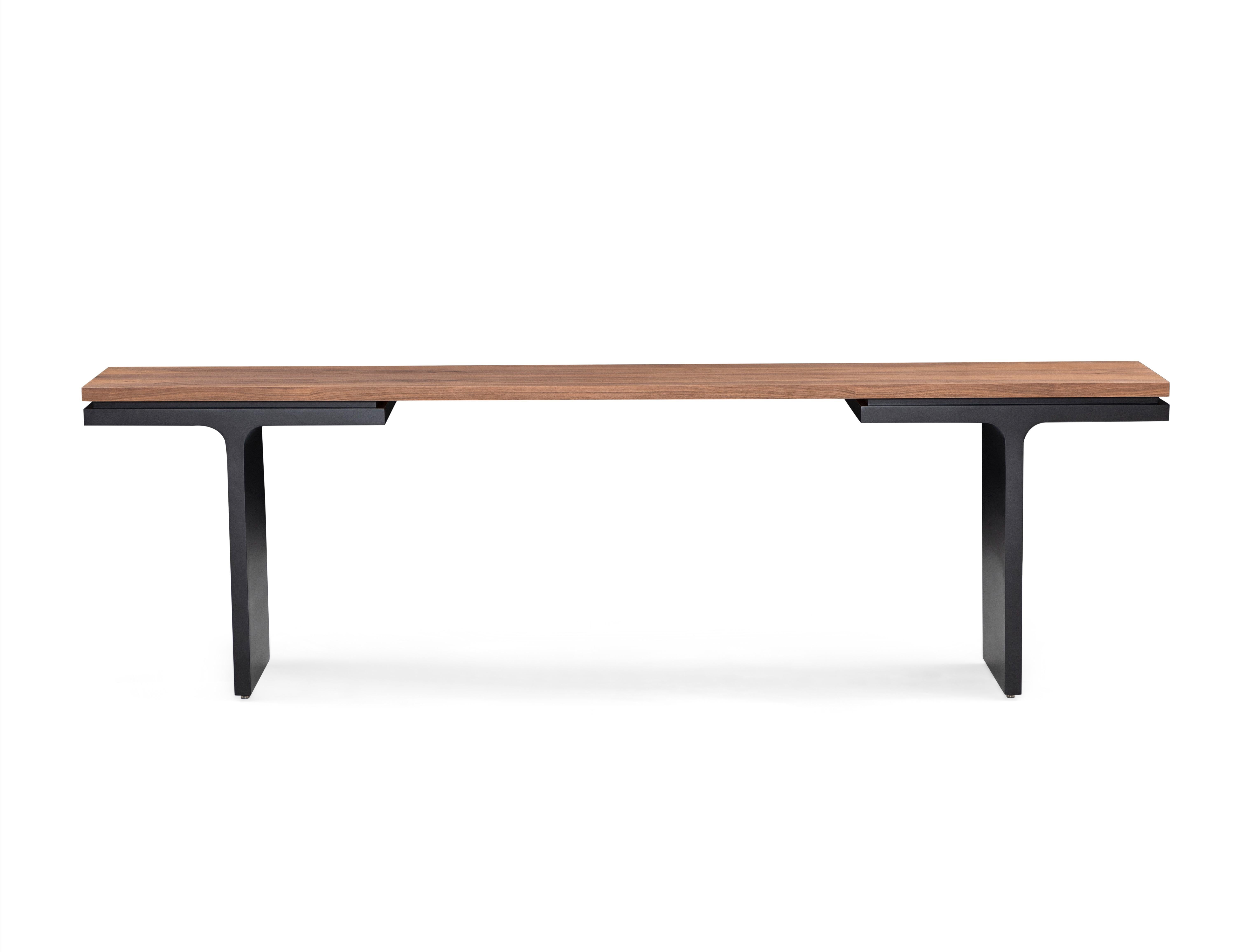 Contemporary Square Console Table in Walnut Wood Finish and Black Graphite 98'' For Sale