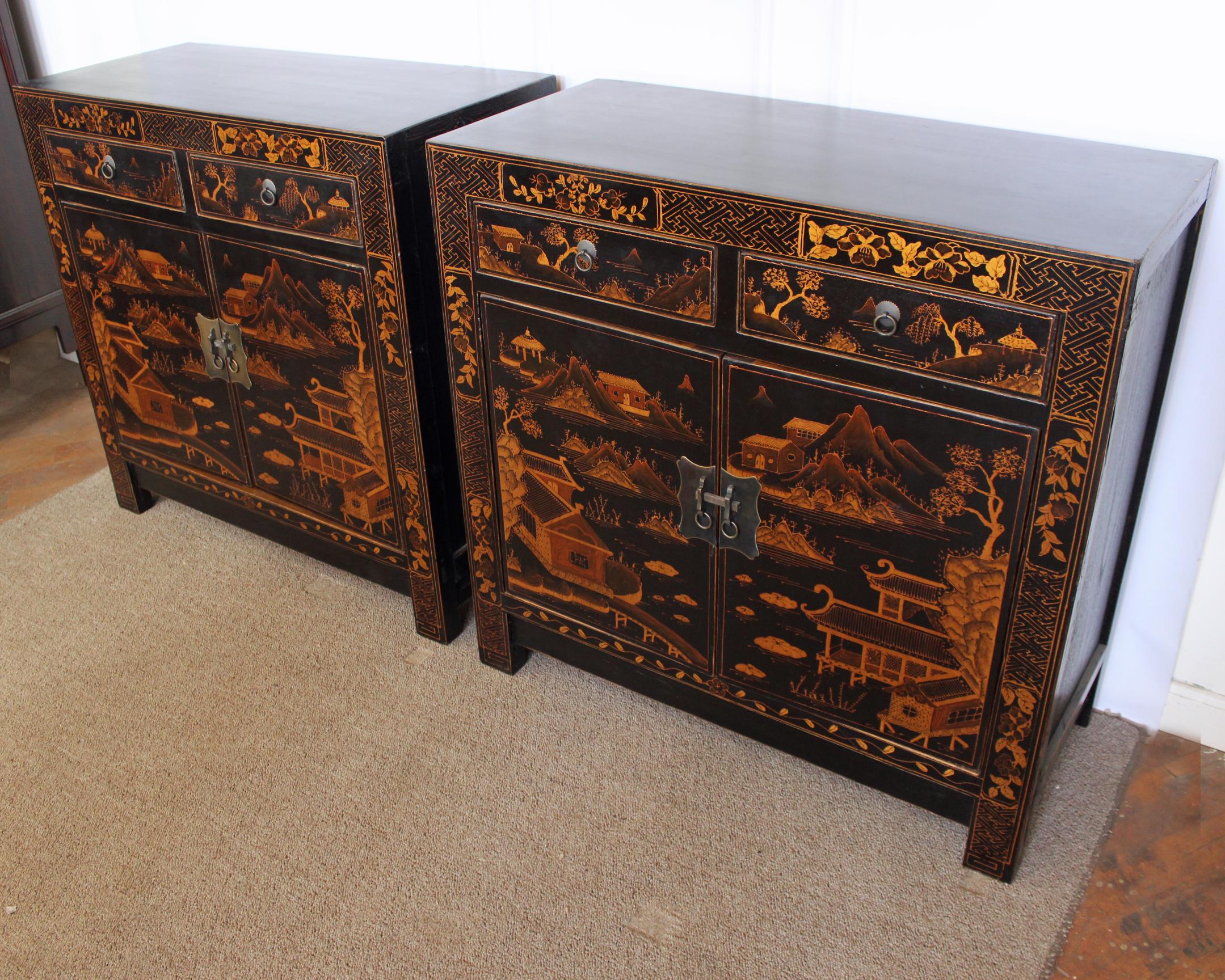 Chinese Export Square Corner Black Cabinet with Gilt Painting For Sale