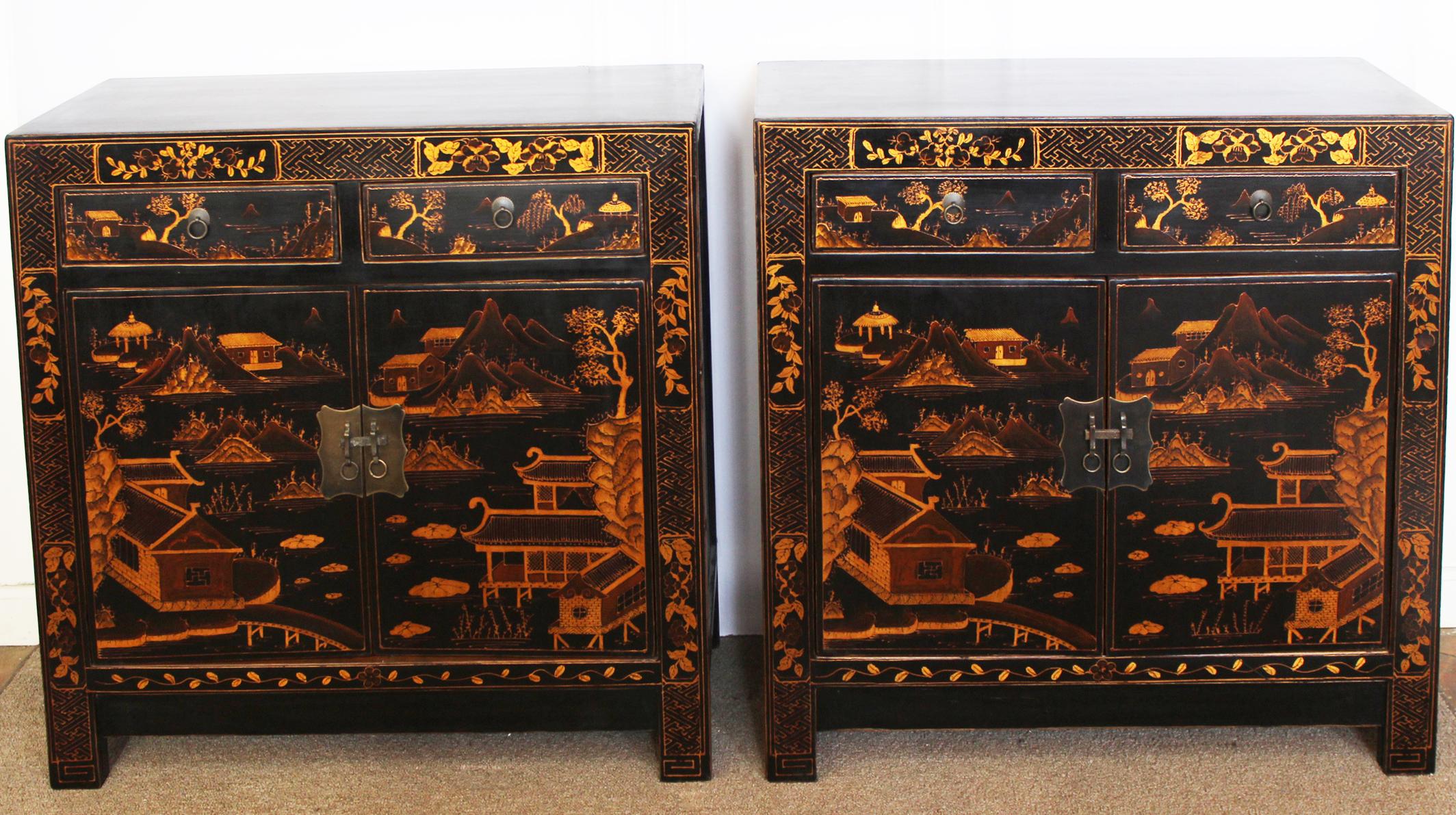 Chinese Square Corner Black Cabinet with Gilt Painting For Sale