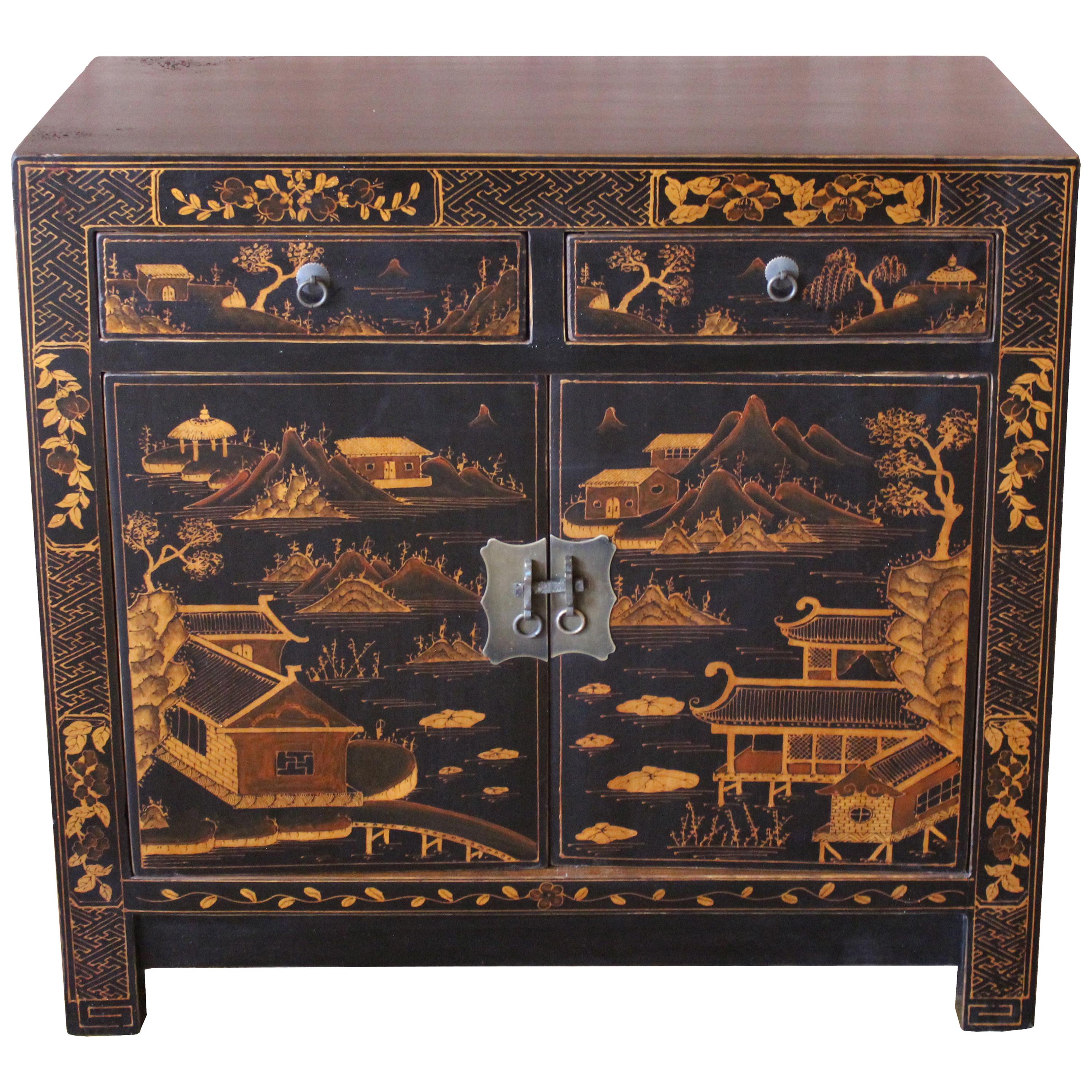 Square Corner Black Cabinet with Gilt Painting For Sale