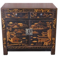 Vintage Square Corner Black Cabinet with Gilt Painting