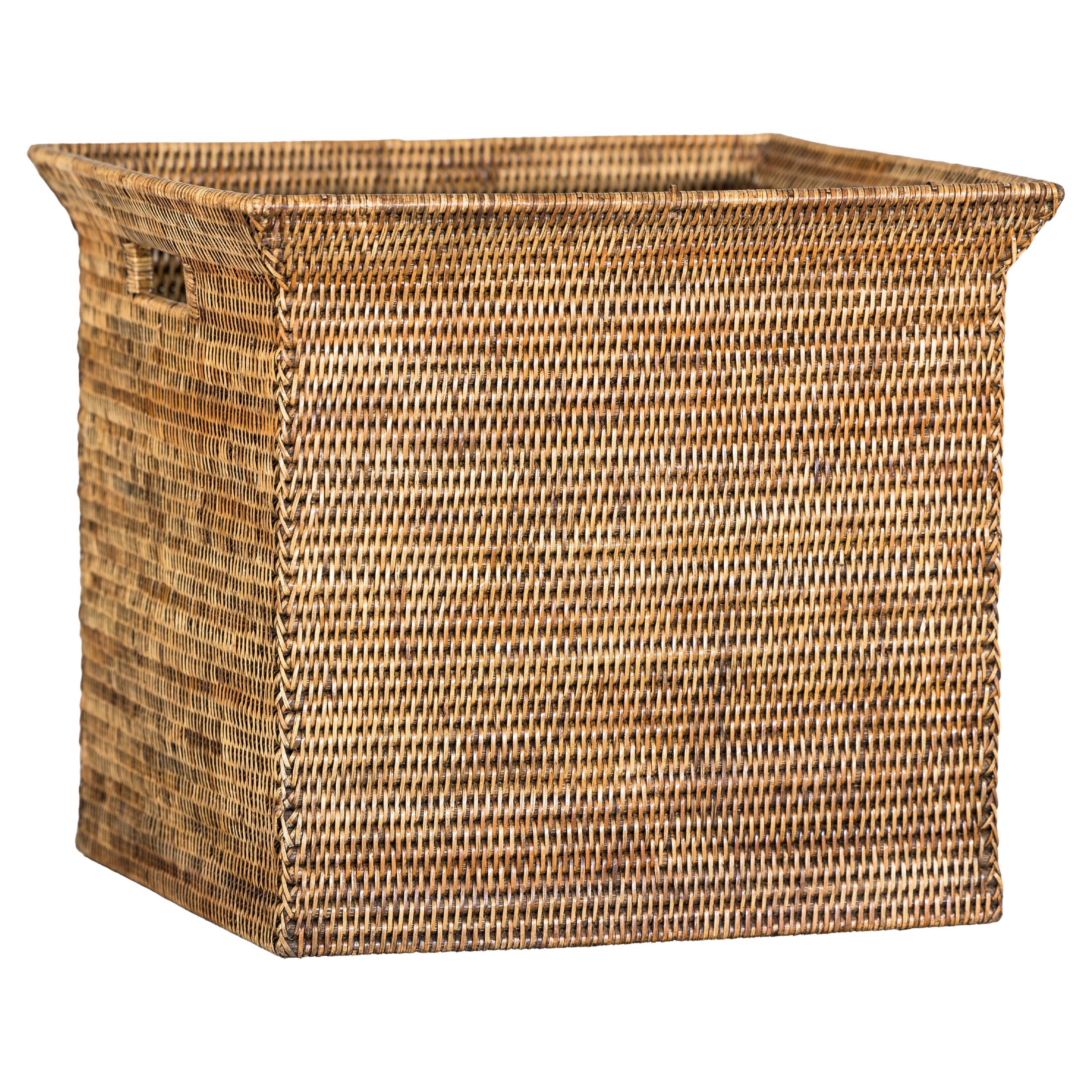 Square Country Style Vintage Rattan Storage Box with Integrated Side Handles