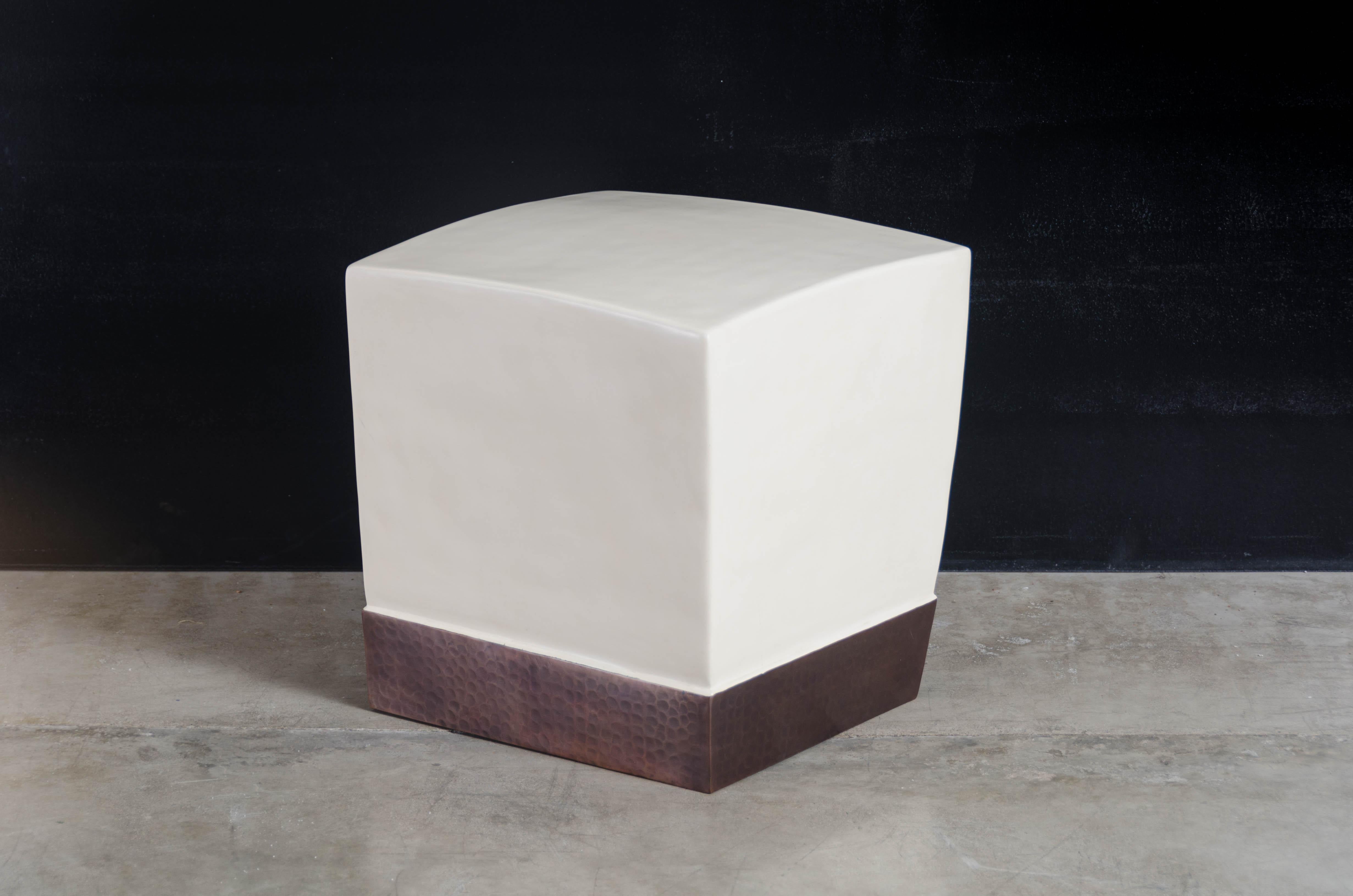 Repoussé Square Crown Drumstool, Cream Lacquer by Robert Kuo, Hand Repousse, Limited For Sale