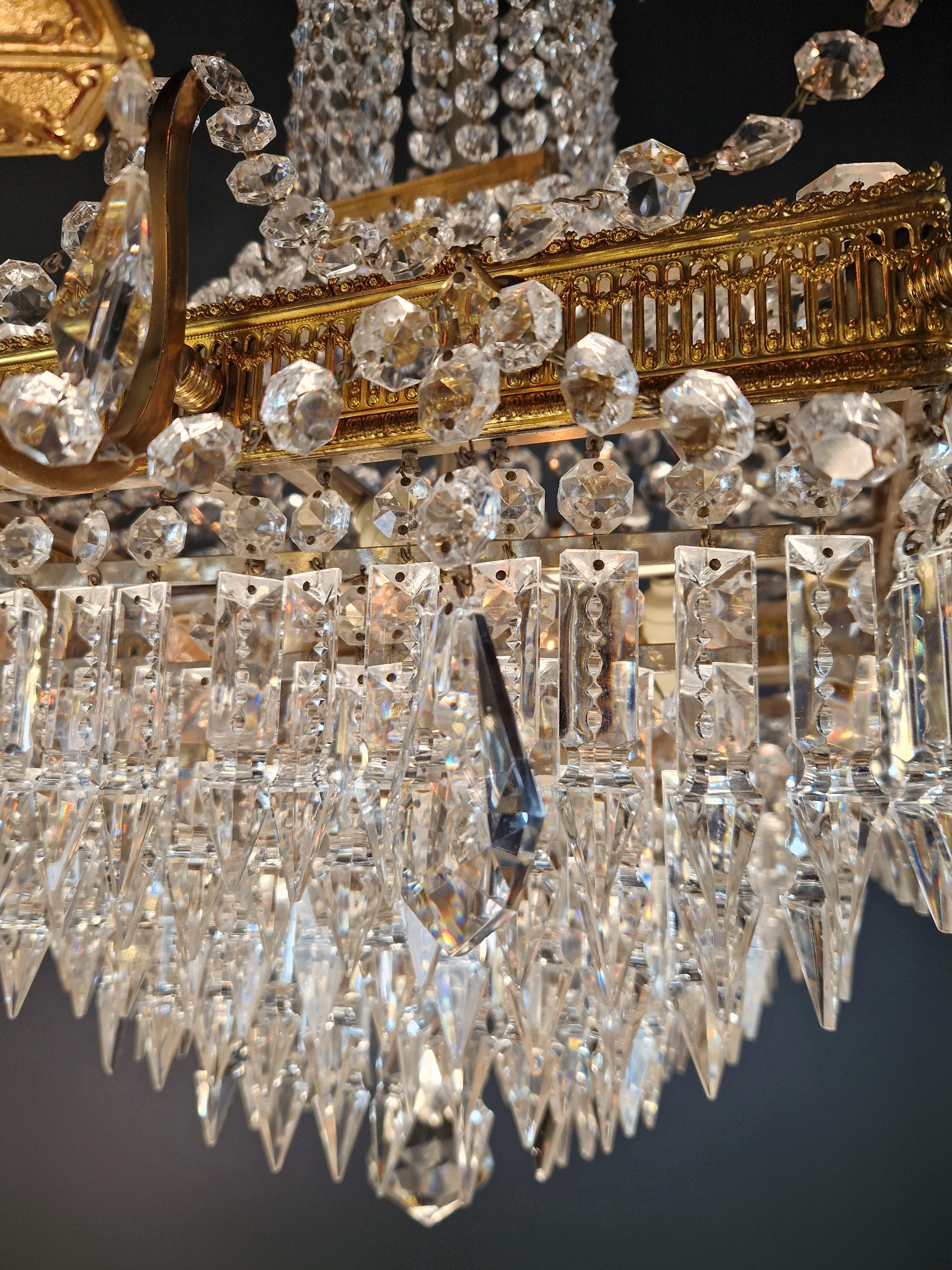 Lustre carré Empire Louis XVI en laiton et or antique rare en vente 4