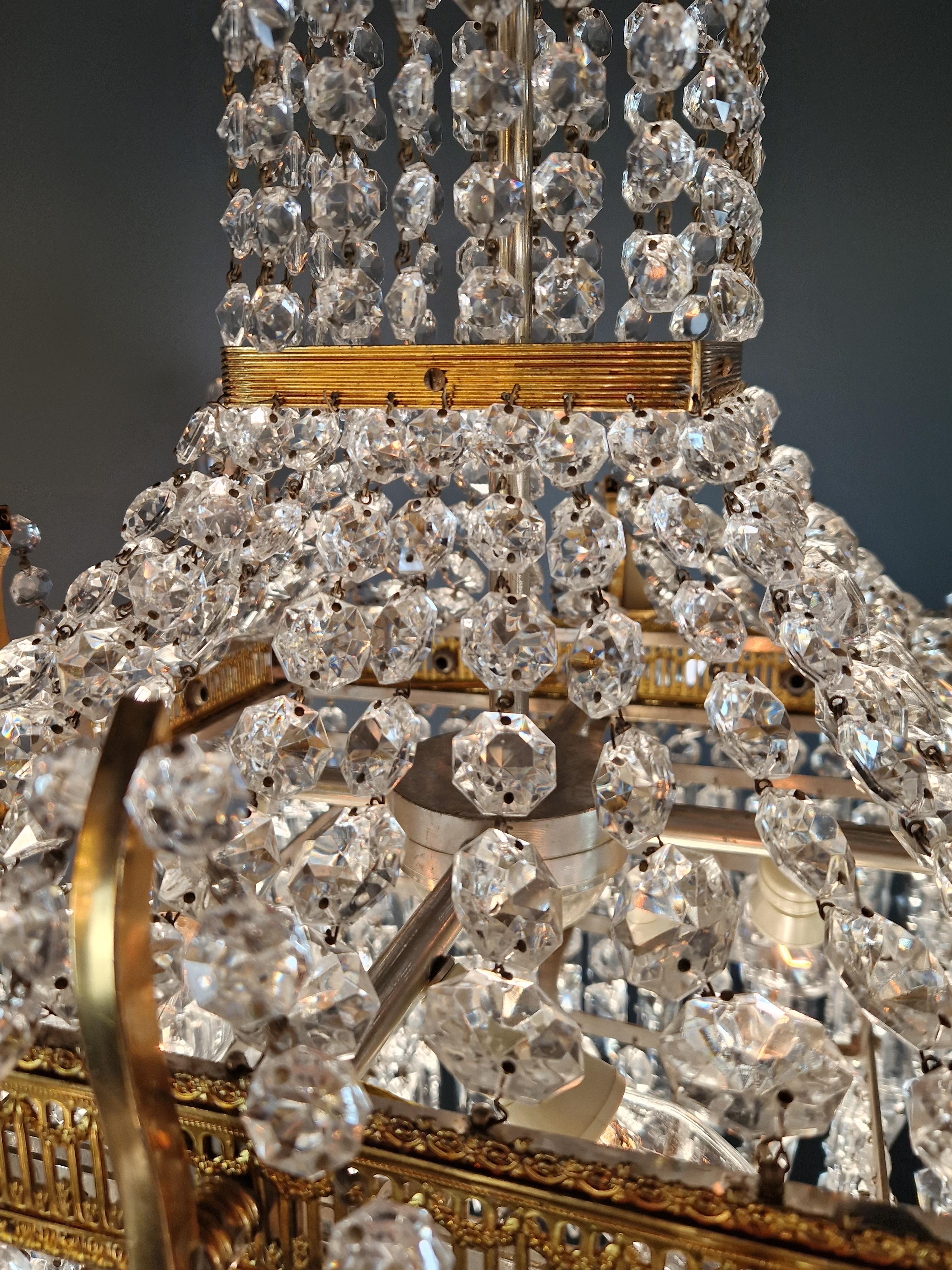 Lustre carré Empire Louis XVI en laiton et or antique rare en vente 9