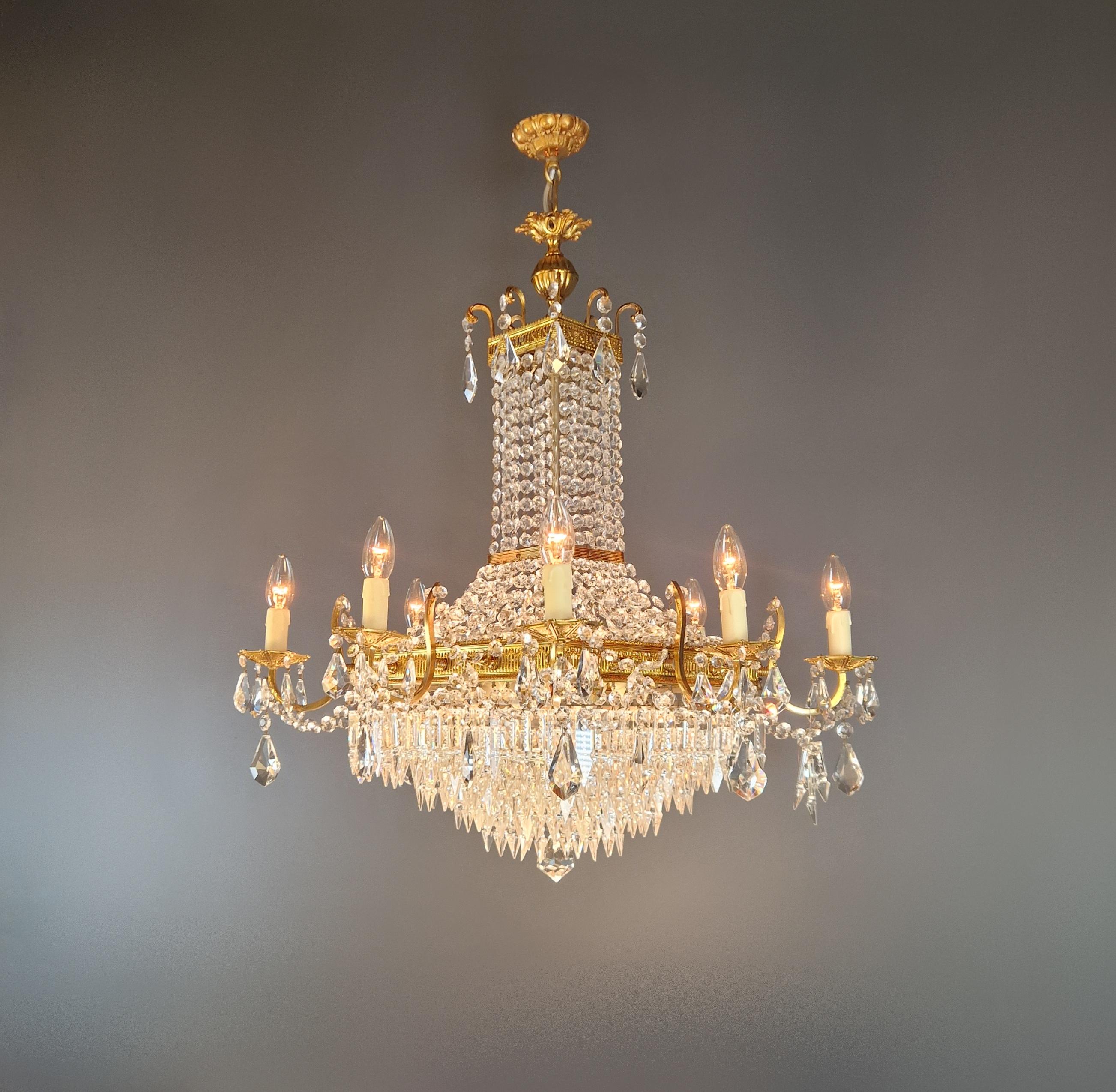 italien Lustre carré Empire Louis XVI en laiton et or antique rare en vente