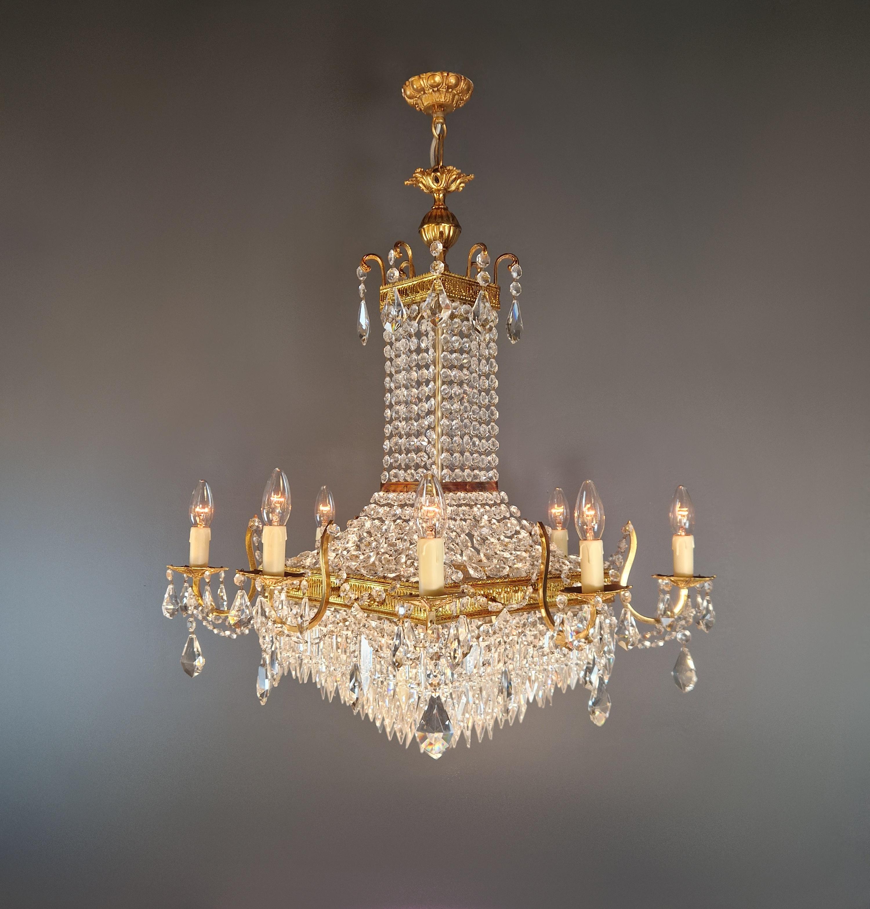 Noué à la main Lustre carré Empire Louis XVI en laiton et or antique rare en vente