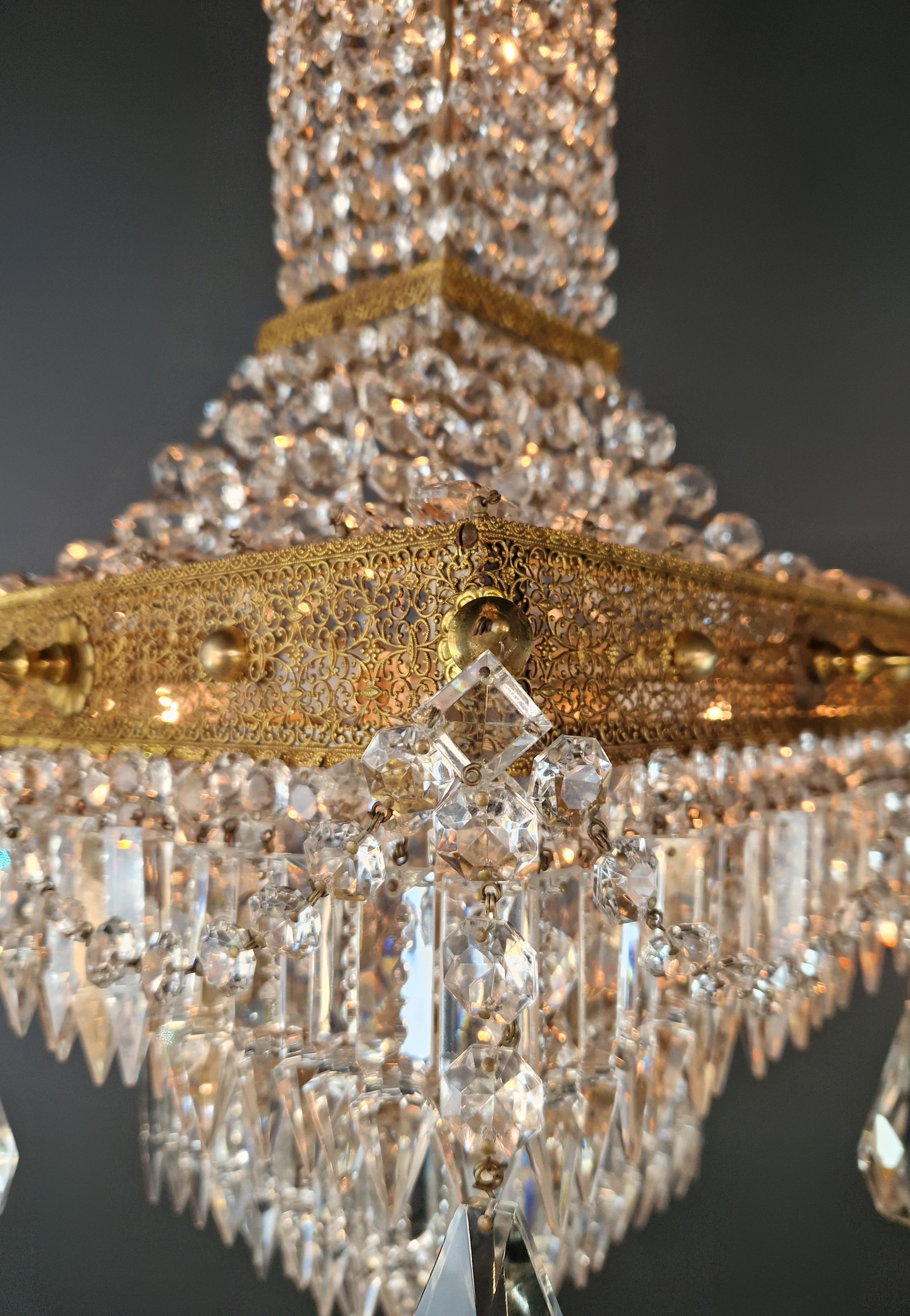 Quadratischer Kristall-Kronleuchter aus Messing, antik, Gold, Empire, Louis XVI, Louis XVI, selten (Frühes 20. Jahrhundert) im Angebot