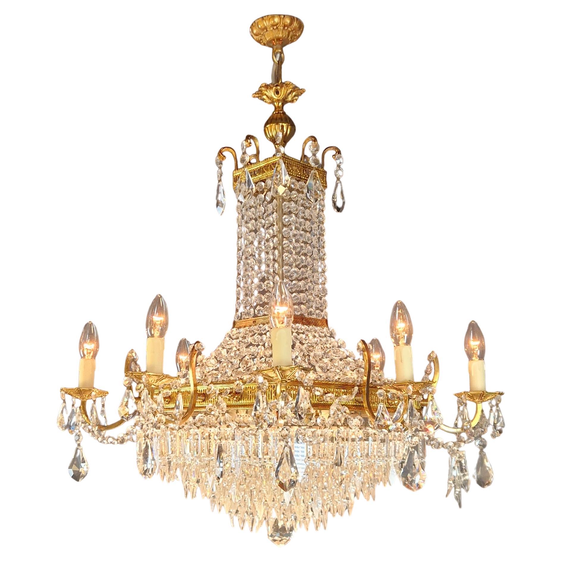 Lustre carré Empire Louis XVI en laiton et or antique rare en vente