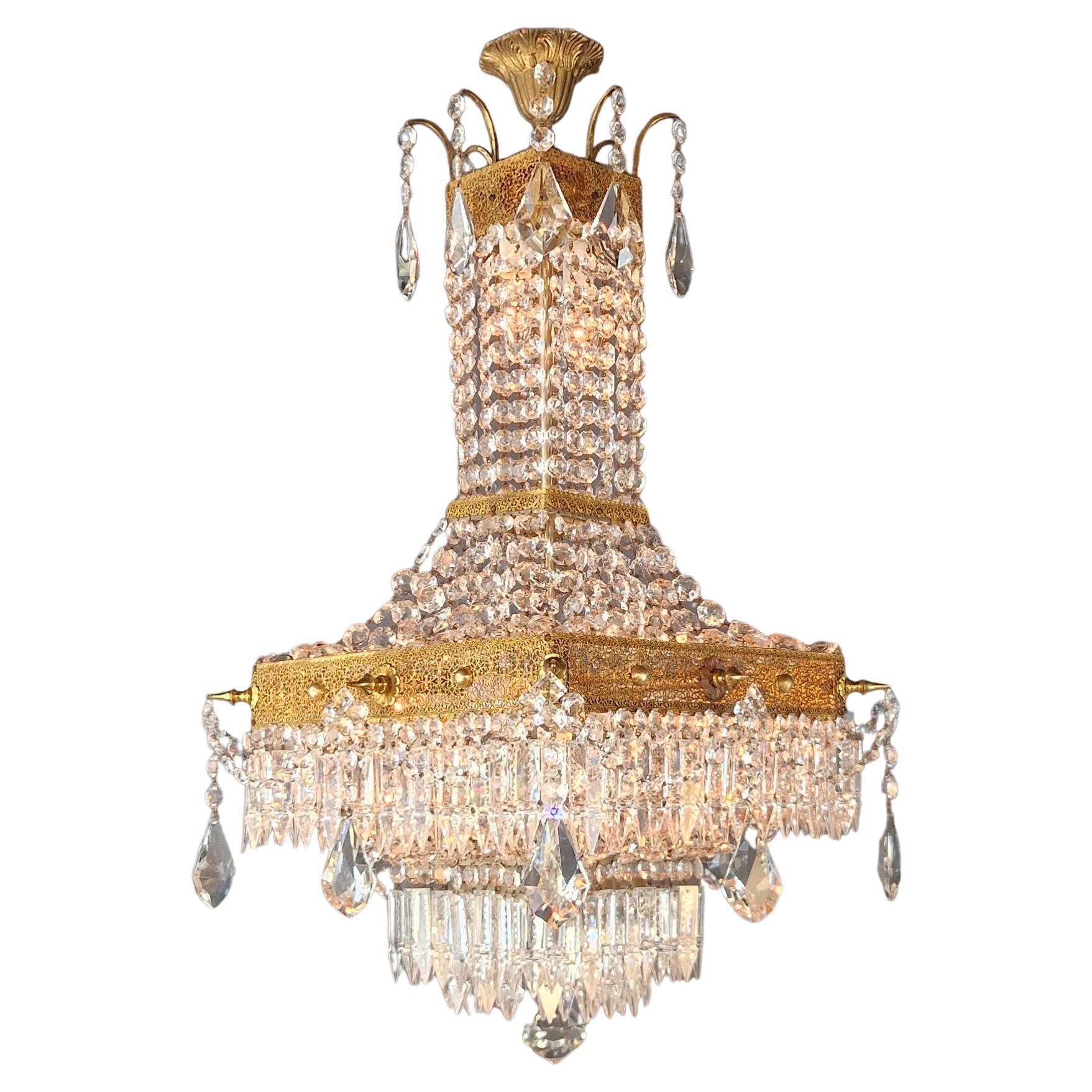 Quadratischer Kristall-Kronleuchter aus Messing, antik, Gold, Empire, Louis XVI, Louis XVI, selten im Angebot