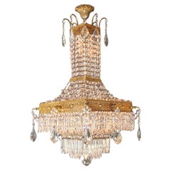 Quadratischer Kristall-Kronleuchter aus Messing, antik, Gold, Empire, Louis XVI, Louis XVI, selten
