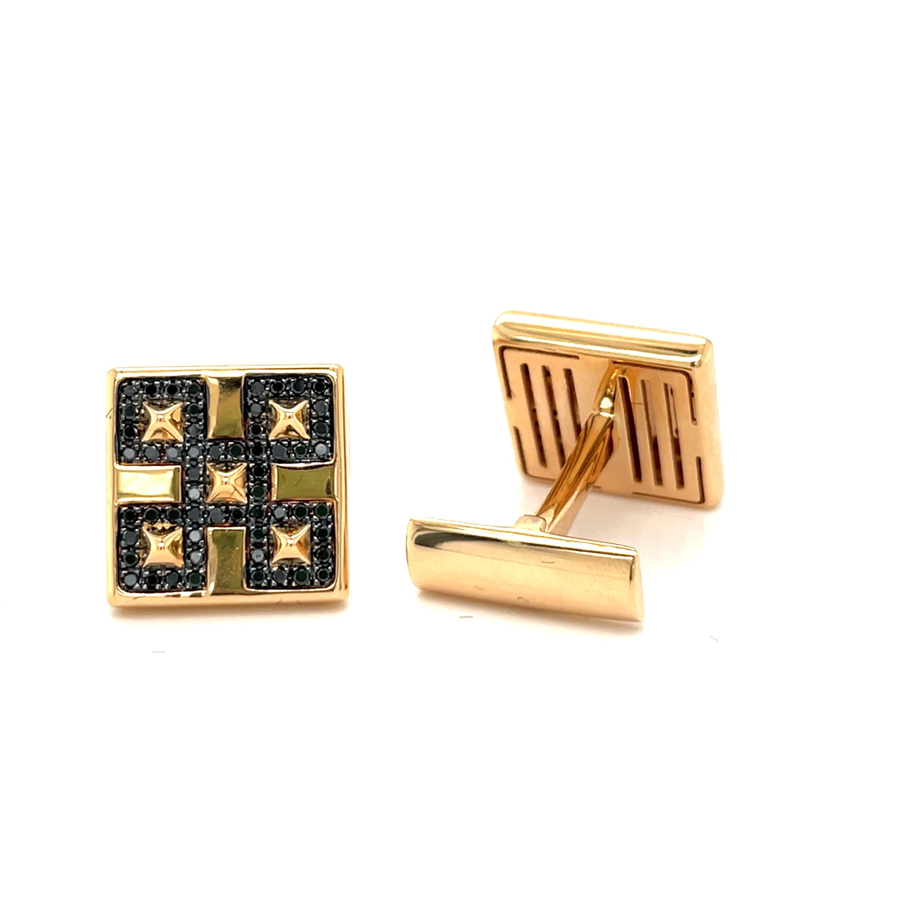 These 18K yellow gold unique cufflinks are from Timeless Collection. These very elegant cufflinks are made with  yellow gold and black diamonds 0.64 Carat. Total metal weight is 15.70 gr. These cufflinks are a perfect upgrade to every special