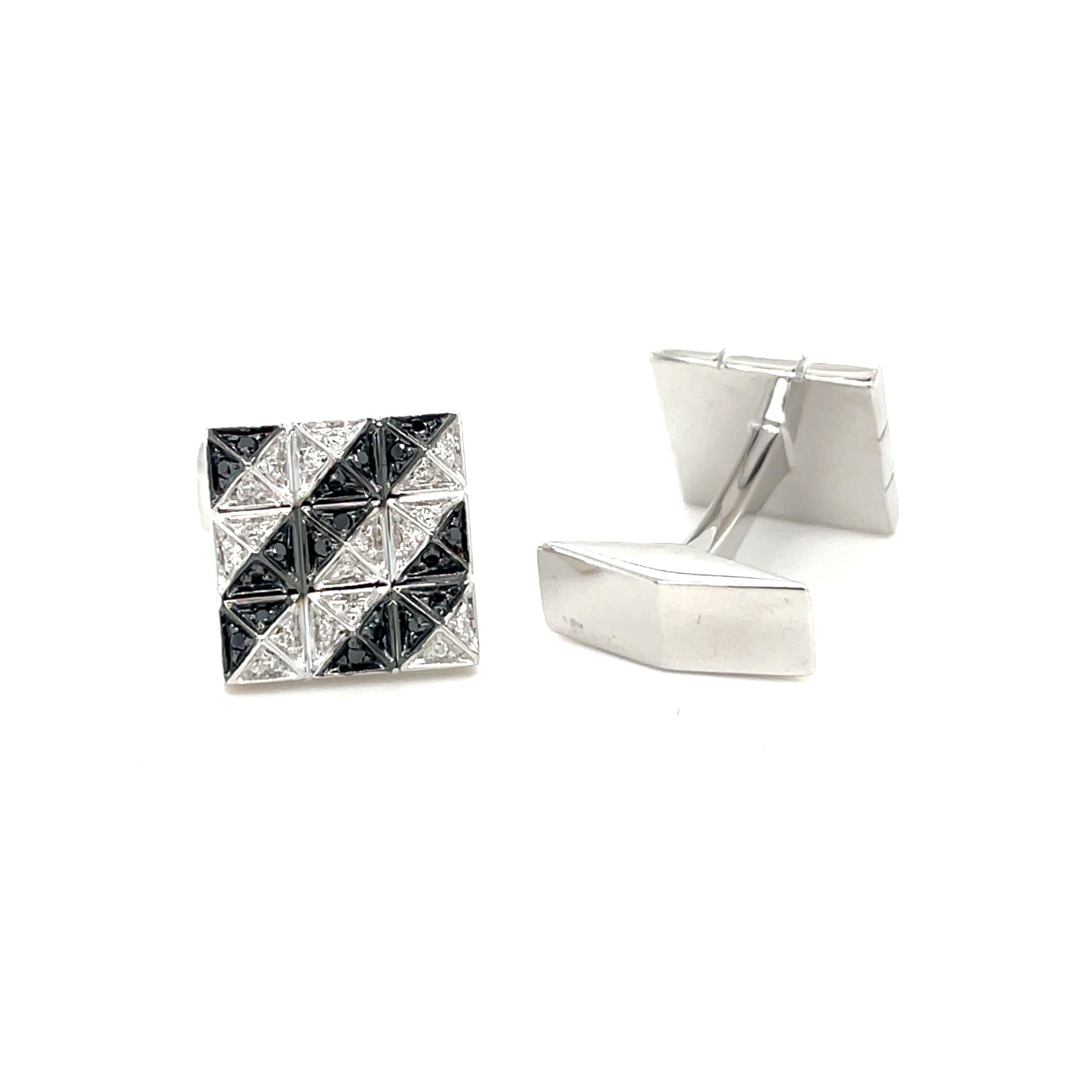 These 18K white gold unique cufflinks are from Timeless Collection. These very elegant cufflinks are made with white gold and black&white diamonds 0.47 Ct.  These cufflinks are a perfect upgrade to every look.
These stunning cufflinks feature a