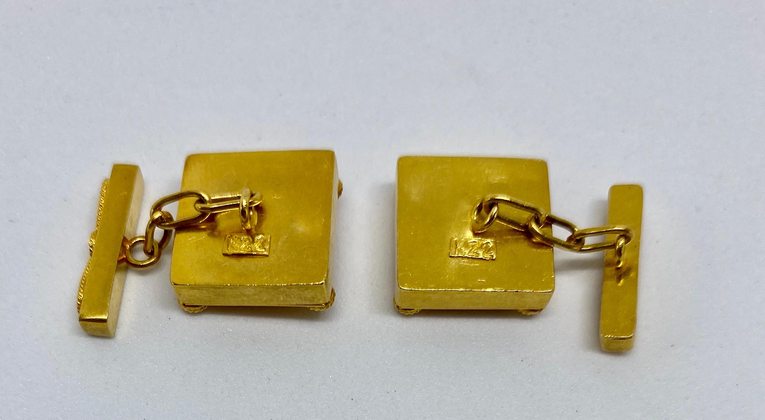 Classical Greek Square Cufflinks in 22 Karat Yellow Gold with Blue Sapphires