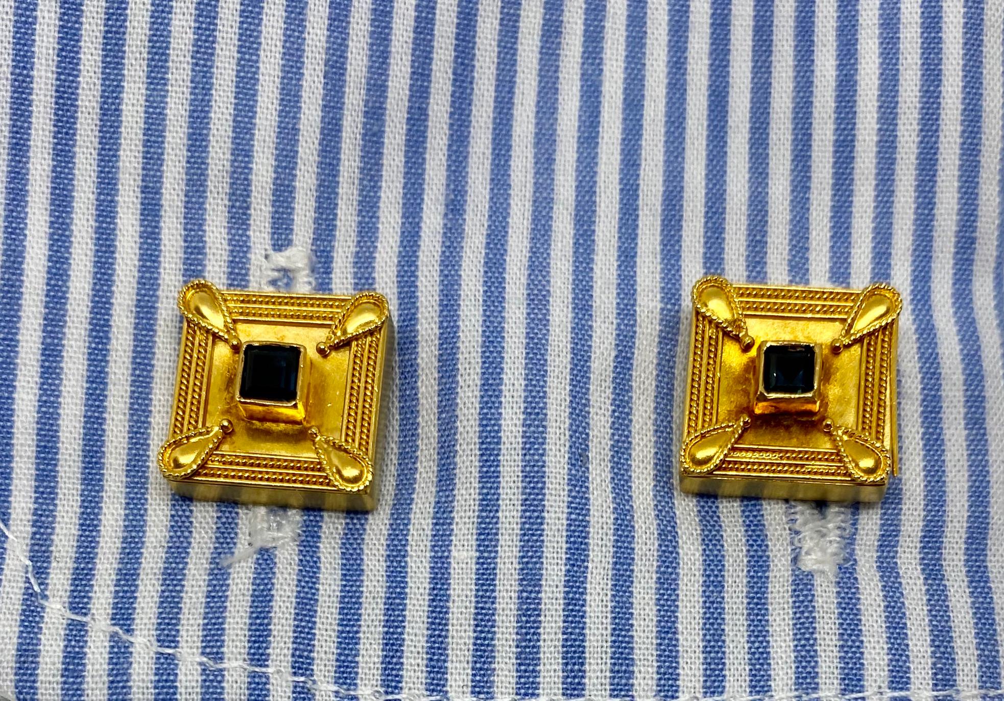 Women's or Men's Square Cufflinks in 22 Karat Yellow Gold with Blue Sapphires