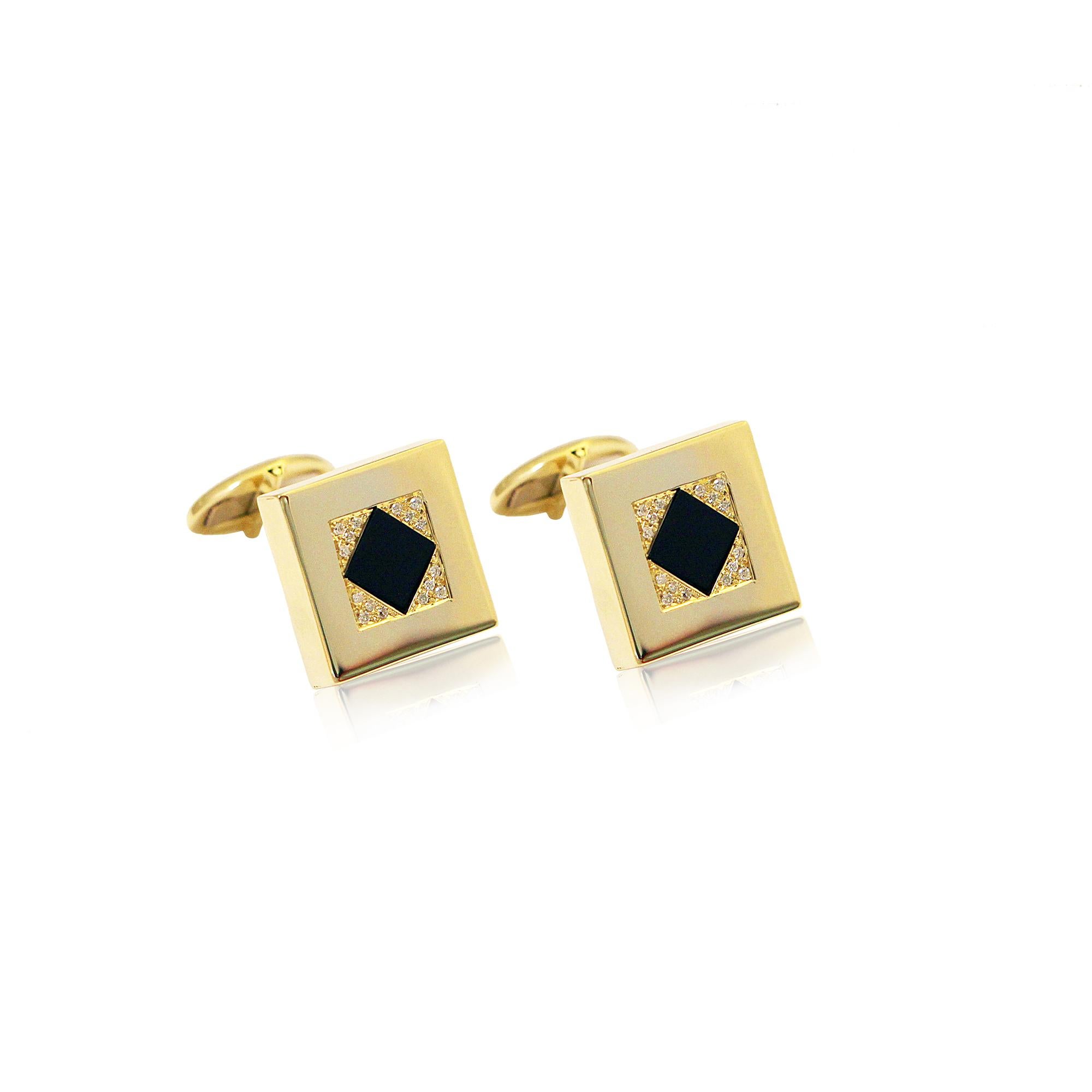 Brilliant Cut Square Cufflinks with Rhombus Black Onyx & Brilliant Diamonds 14Kt Yellow Gold For Sale