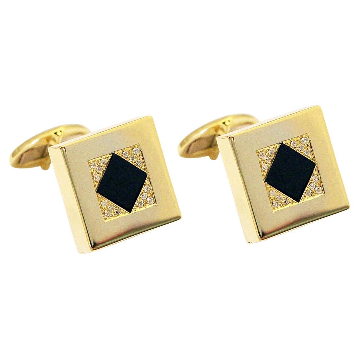 Boutons de manchette carrés en or jaune 14 carats avec onyx noir en forme de losange et diamants brillants