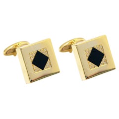 Square Cufflinks with Rhombus Black Onyx & Brilliant Diamonds 14Kt Yellow Gold