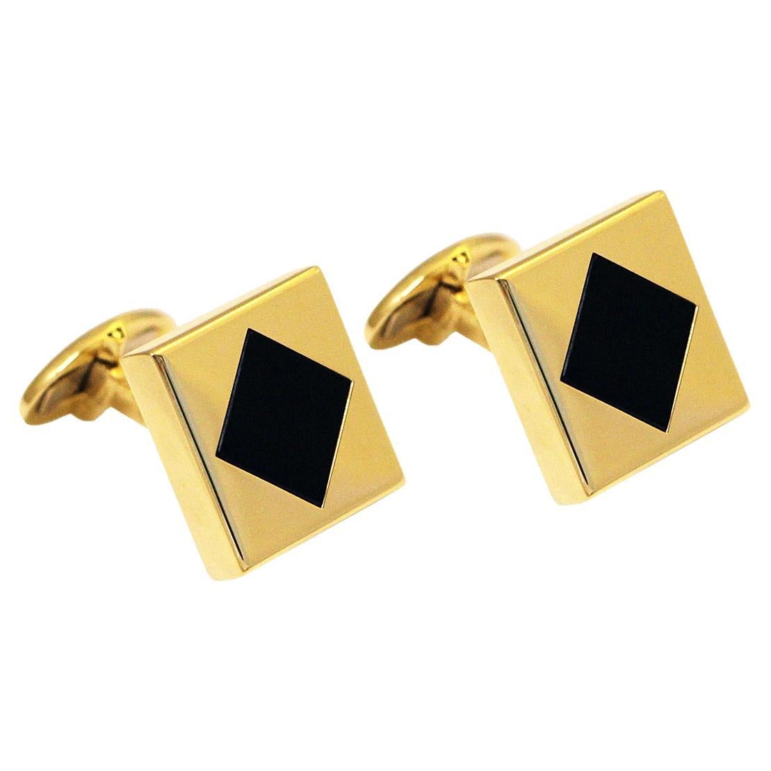 Boutons de manchette carrés en or jaune 14 carats avec centre en onyx noir en forme de losange