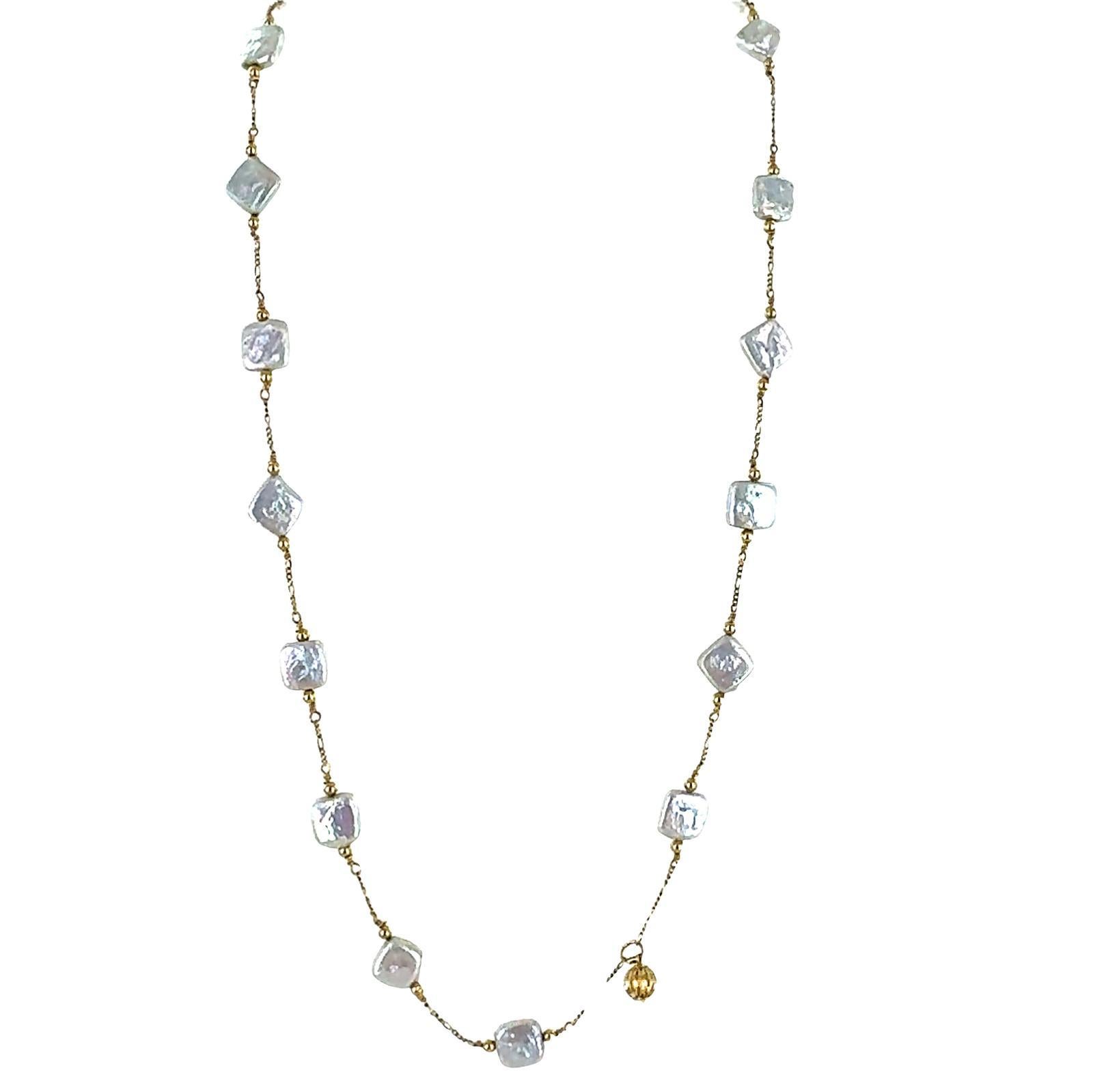 Modern Square Cultured Pearl 14 Karat Yellow Gold Link Two Strand Necklace For Sale