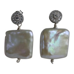 Square Cultured Pearls Cubic Zirconia 925 Sterling Silver Earrings