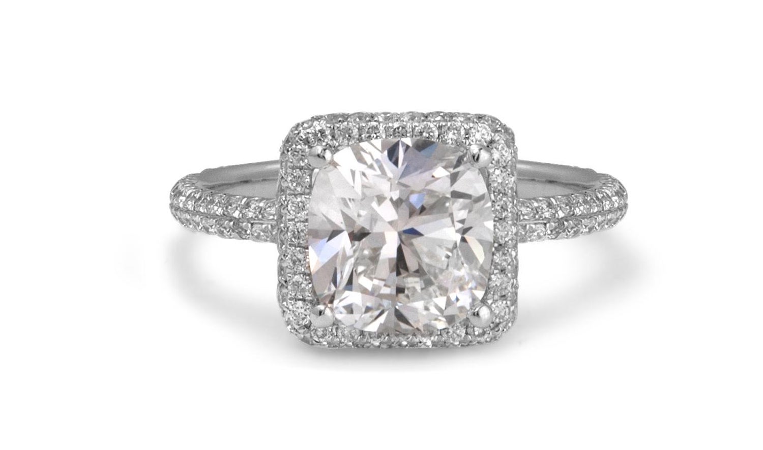 Square Cushion Cut Engagement Ring With Pave Set Halo And Shank In