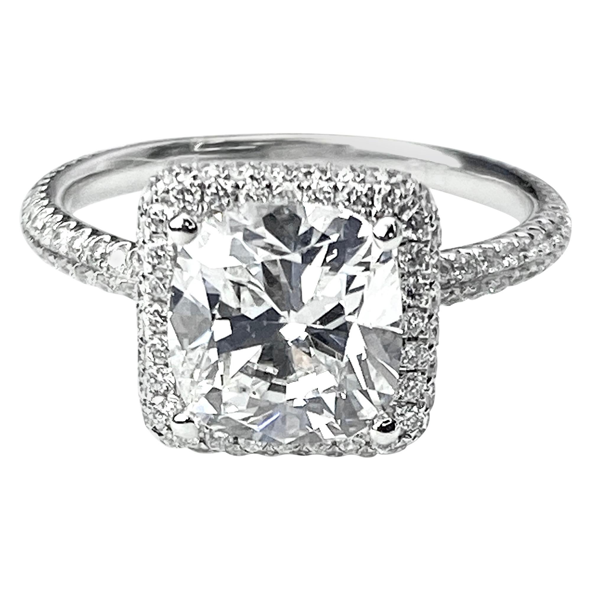 Square Cushion Cut Engagement Ring with Pavé Set Halo and Shank in White Gold For Sale